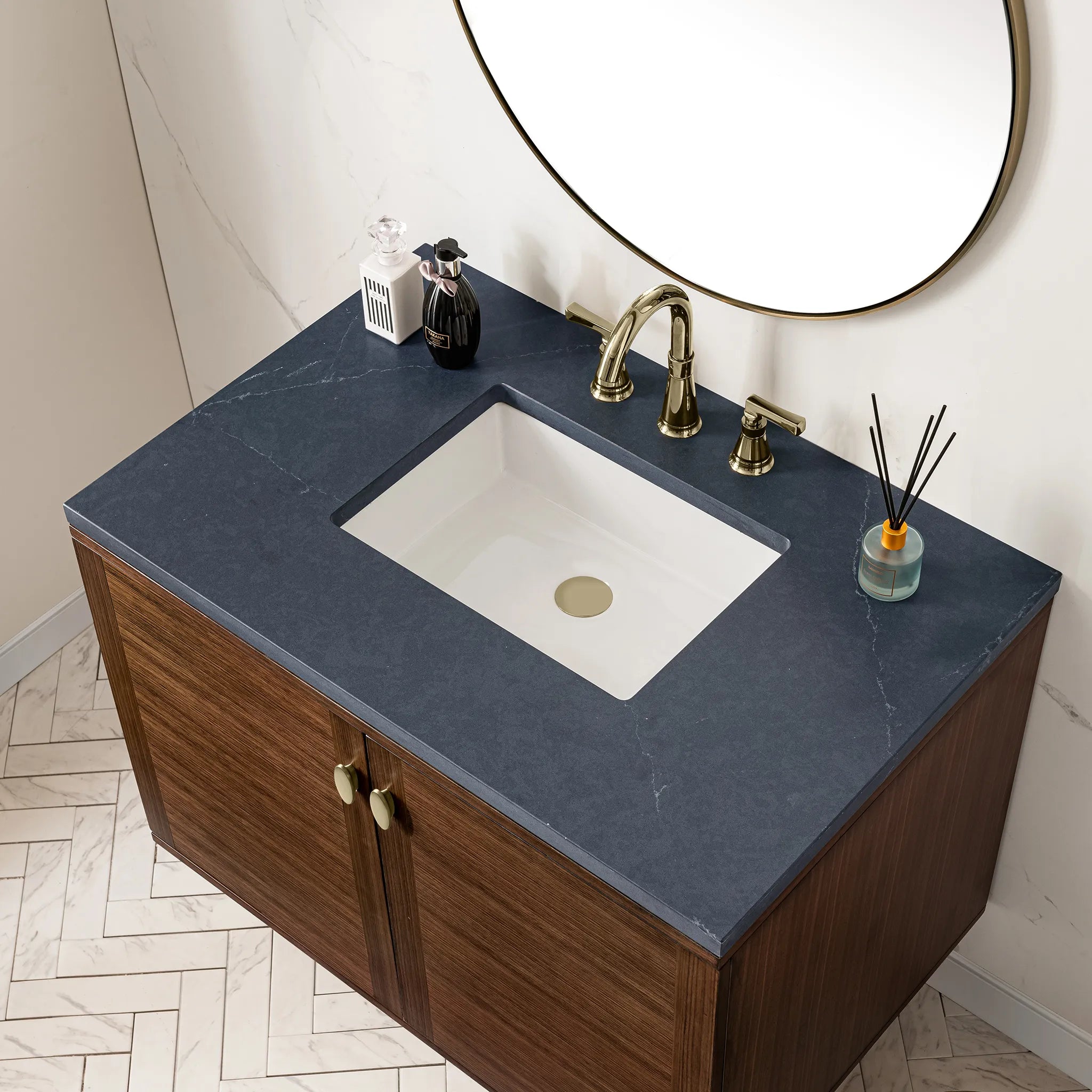 36" Amberly Single Vanity in Mid-Century Walnut-Charcoal Soapstone Silestone-8" Widespread image 9