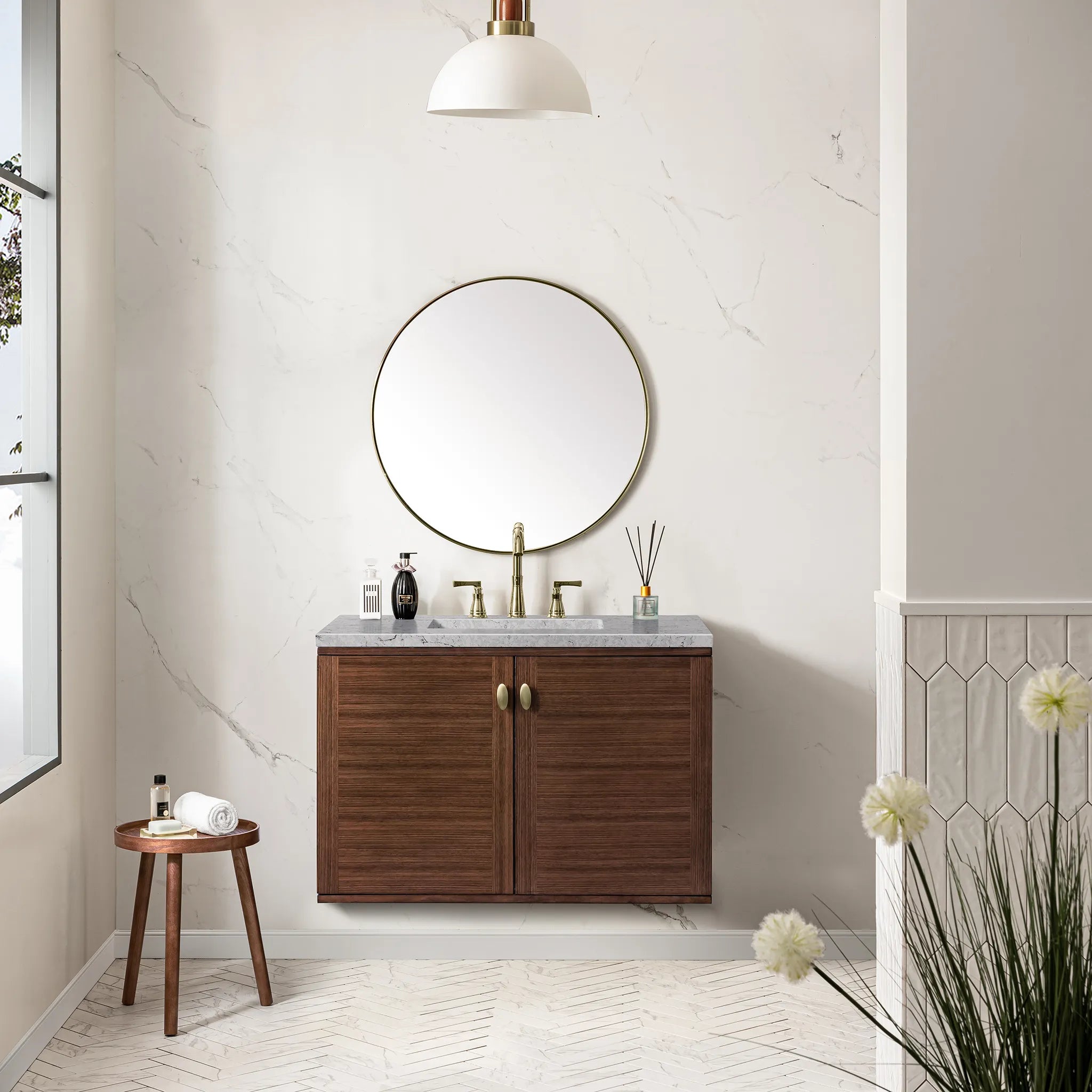 36" Amberly Single Vanity in Mid-Century Walnut-Eternal Jasmine Pearl Silestone-8" Widespread image 3