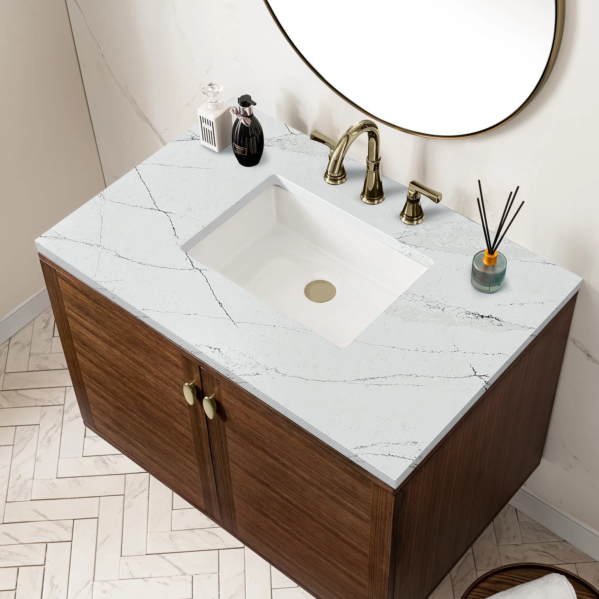 36" Amberly Single Vanity in Mid-Century Walnut-Ethereal Noctis Silestone-8" Widespread image 9