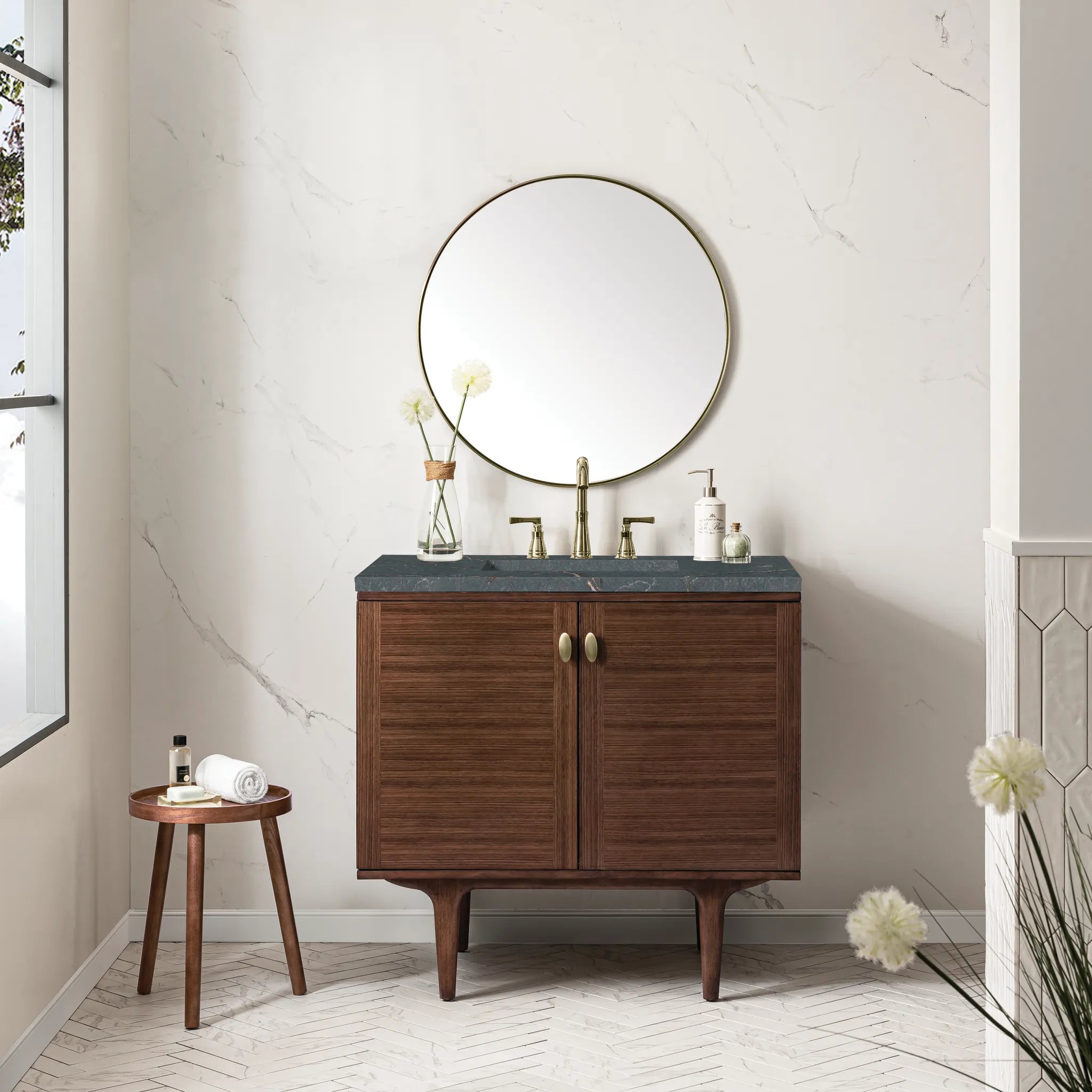 36" Amberly Single Vanity in Mid-Century Walnut-Parisien Bleu Silestone-8" Widespread image 2