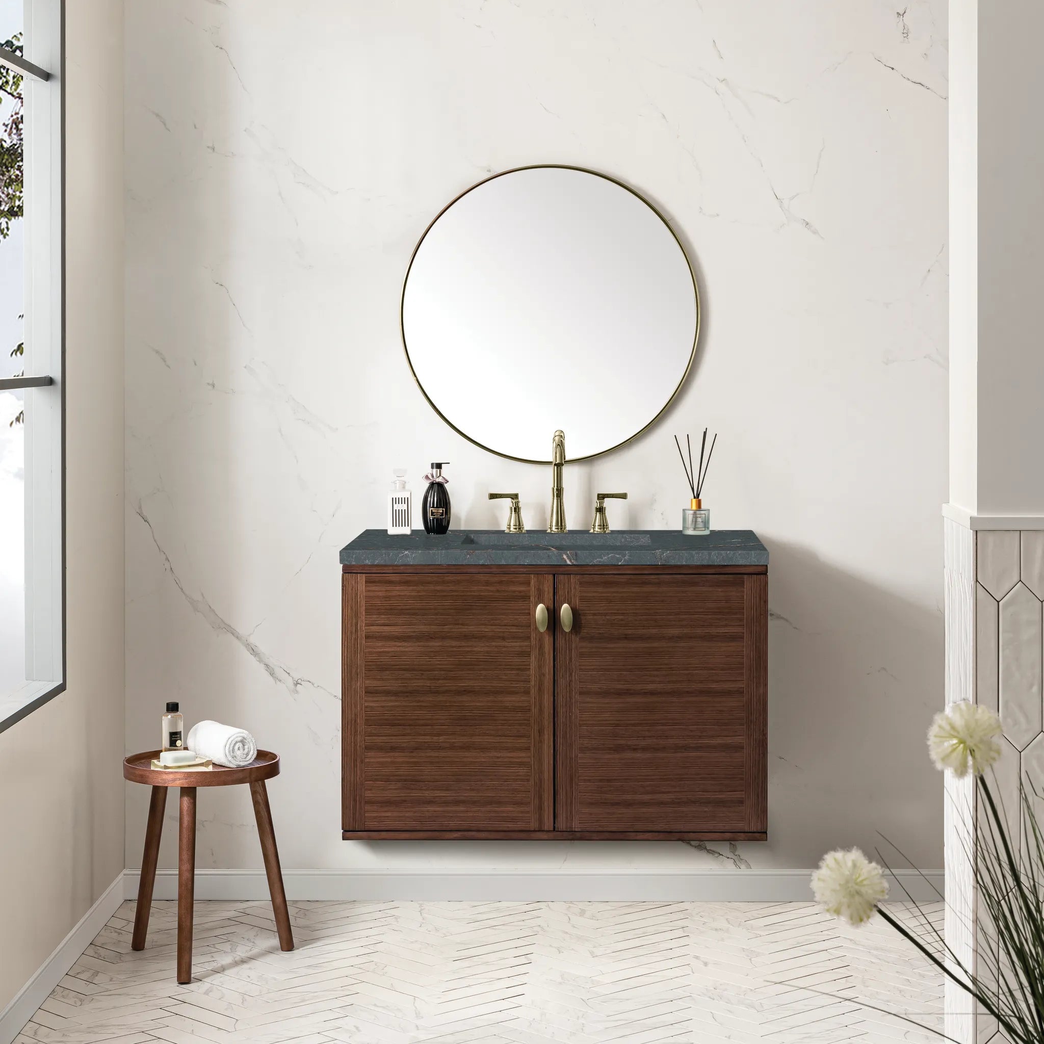 36" Amberly Single Vanity in Mid-Century Walnut-Parisien Bleu Silestone-8" Widespread image 3