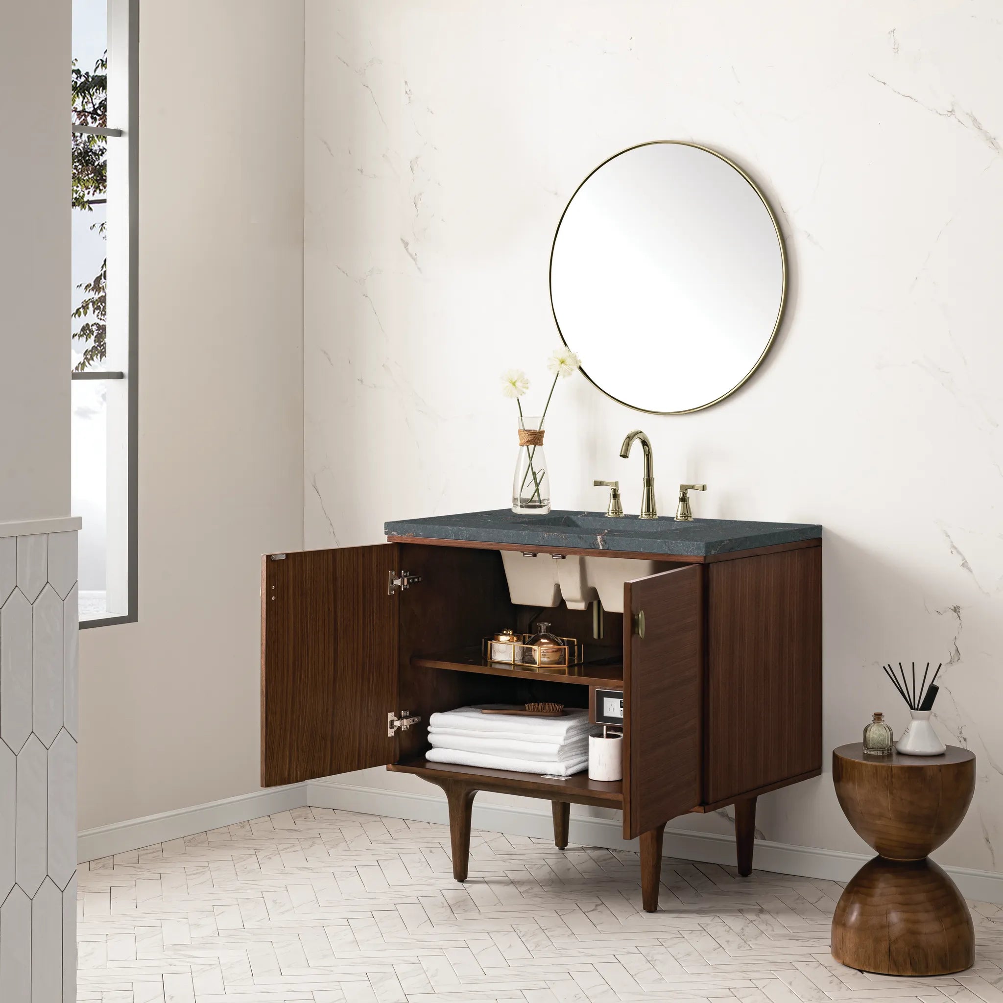 36" Amberly Single Vanity in Mid-Century Walnut-Parisien Bleu Silestone-8" Widespread image 6