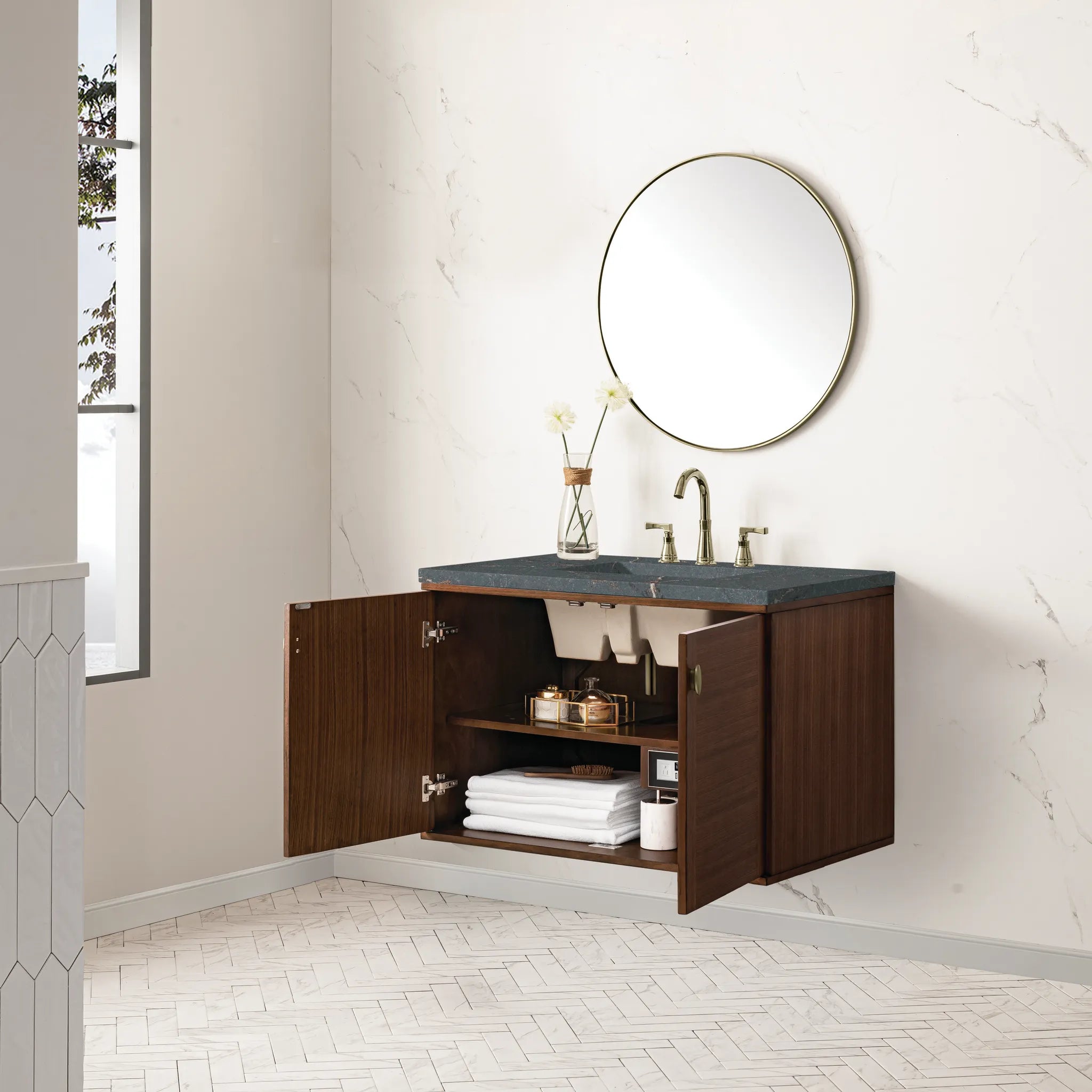 36" Amberly Single Vanity in Mid-Century Walnut-Parisien Bleu Silestone-8" Widespread image 7