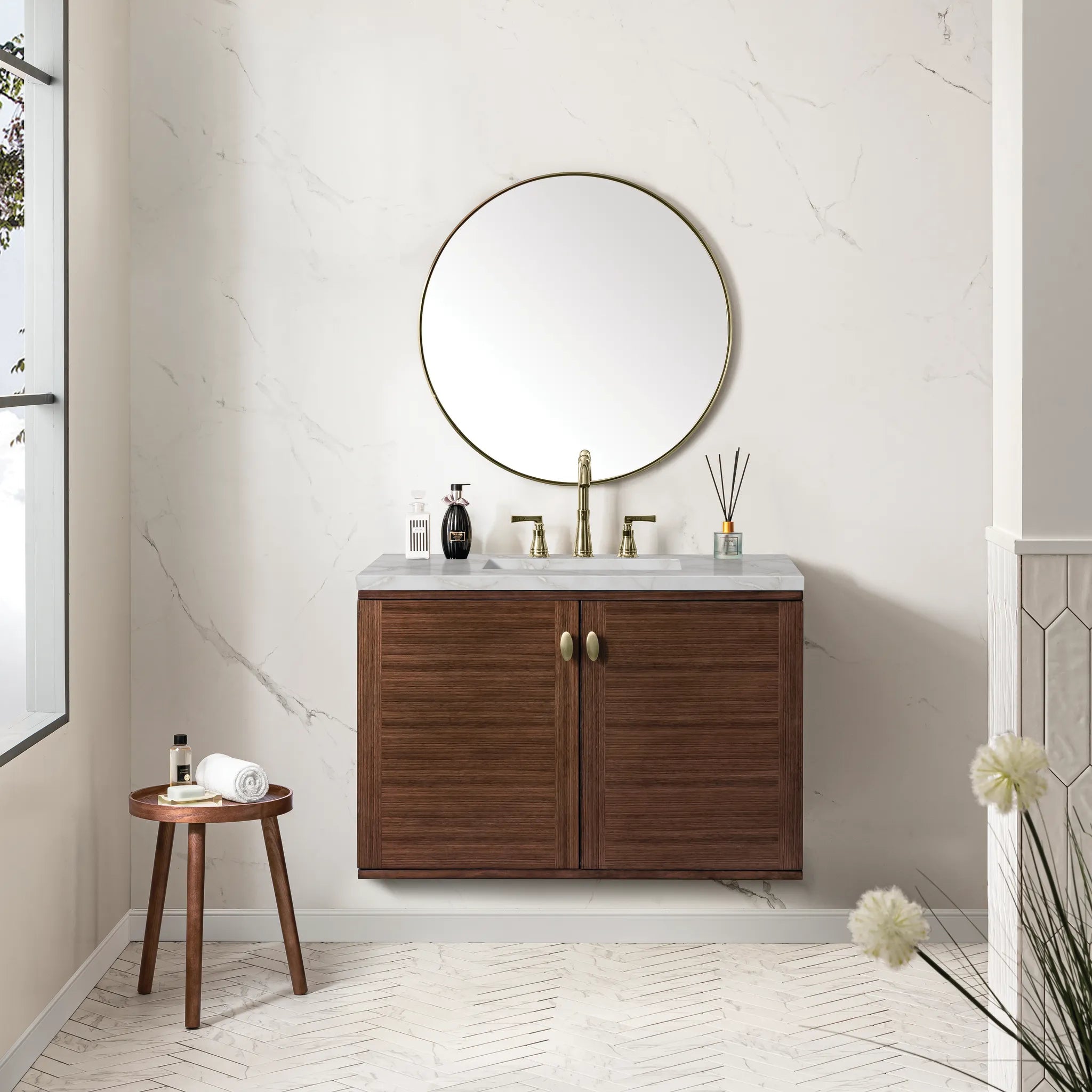 36" Amberly Single Vanity in Mid-Century Walnut-Victorian Silver Silestone-8" Widespread image 3