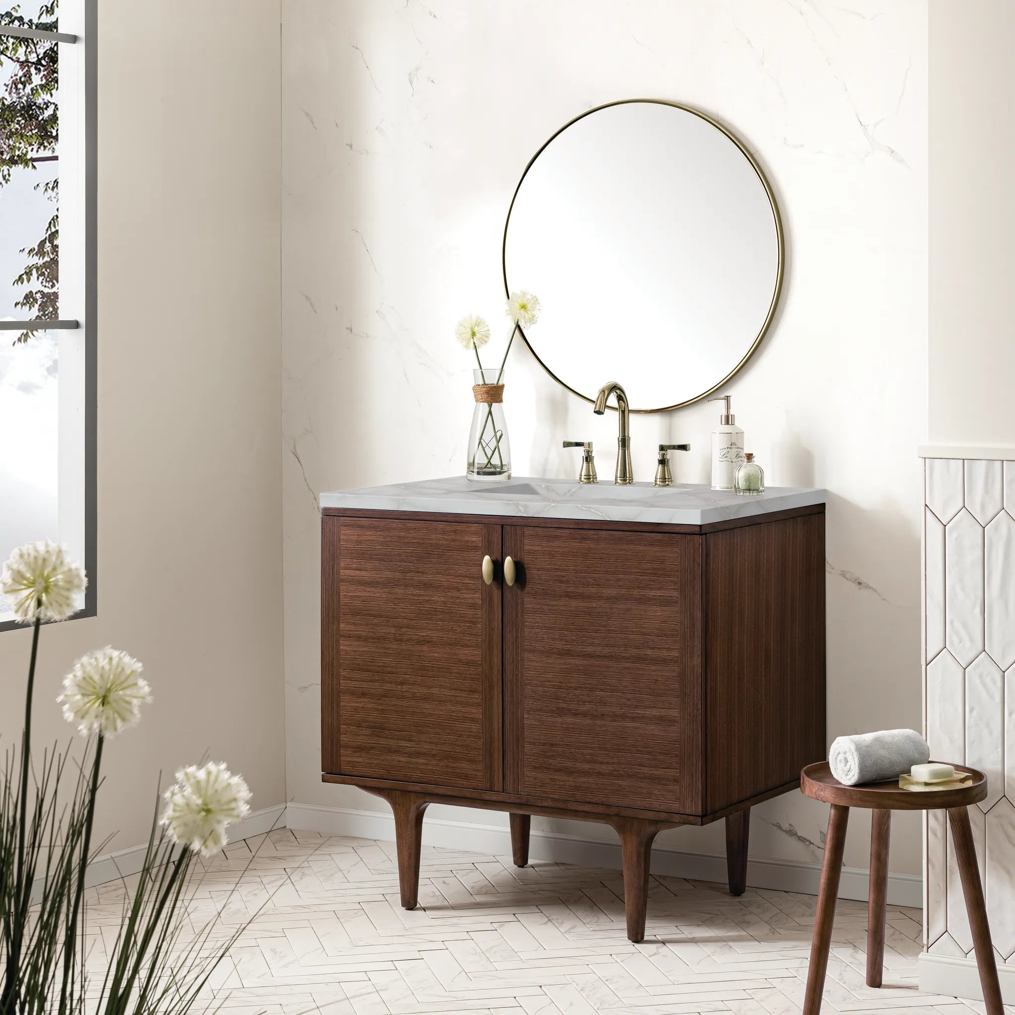 36" Amberly Single Vanity in Mid-Century Walnut-Victorian Silver Silestone-8" Widespread image 4