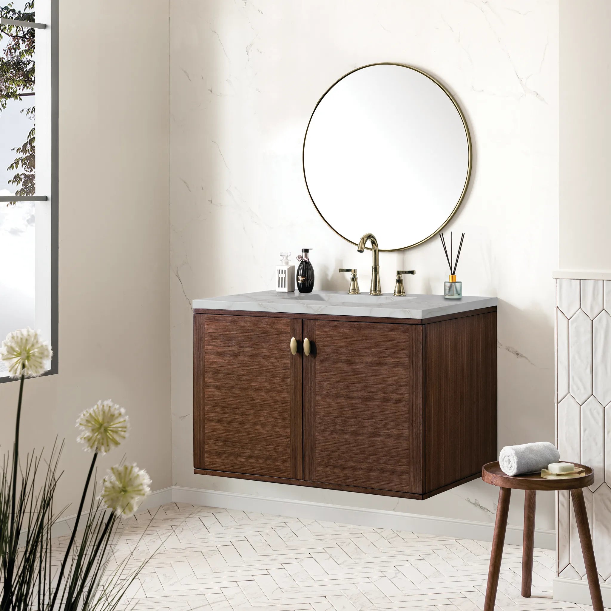 36" Amberly Single Vanity in Mid-Century Walnut-Victorian Silver Silestone-8" Widespread image 5