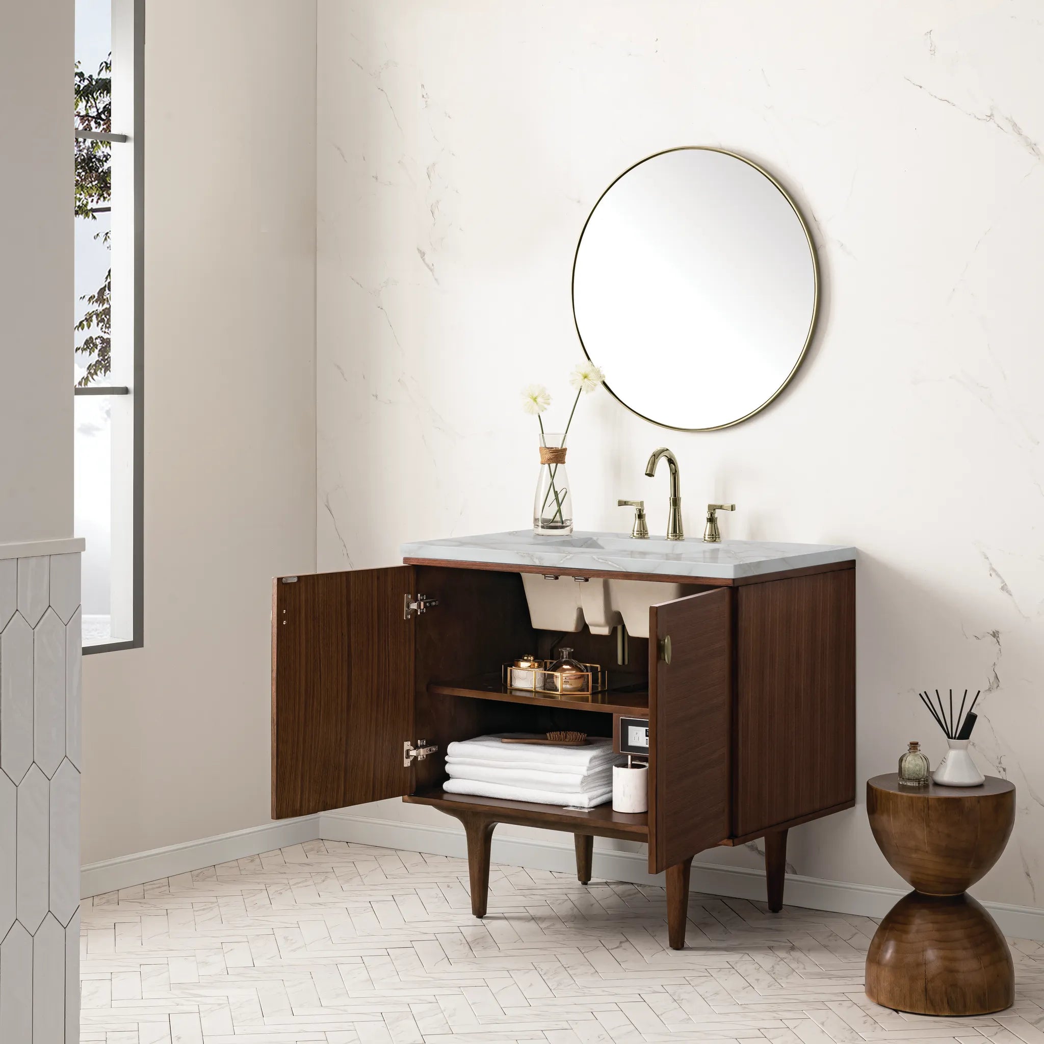 36" Amberly Single Vanity in Mid-Century Walnut-Victorian Silver Silestone-8" Widespread image 6