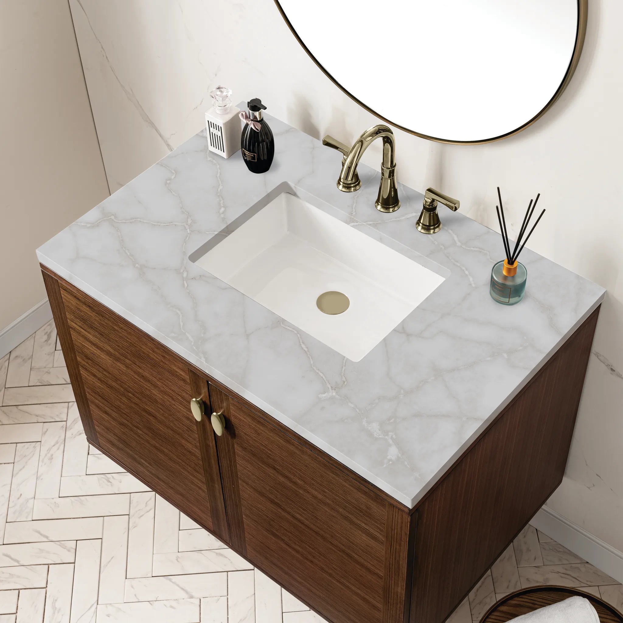 36" Amberly Single Vanity in Mid-Century Walnut-Victorian Silver Silestone-8" Widespread image 9