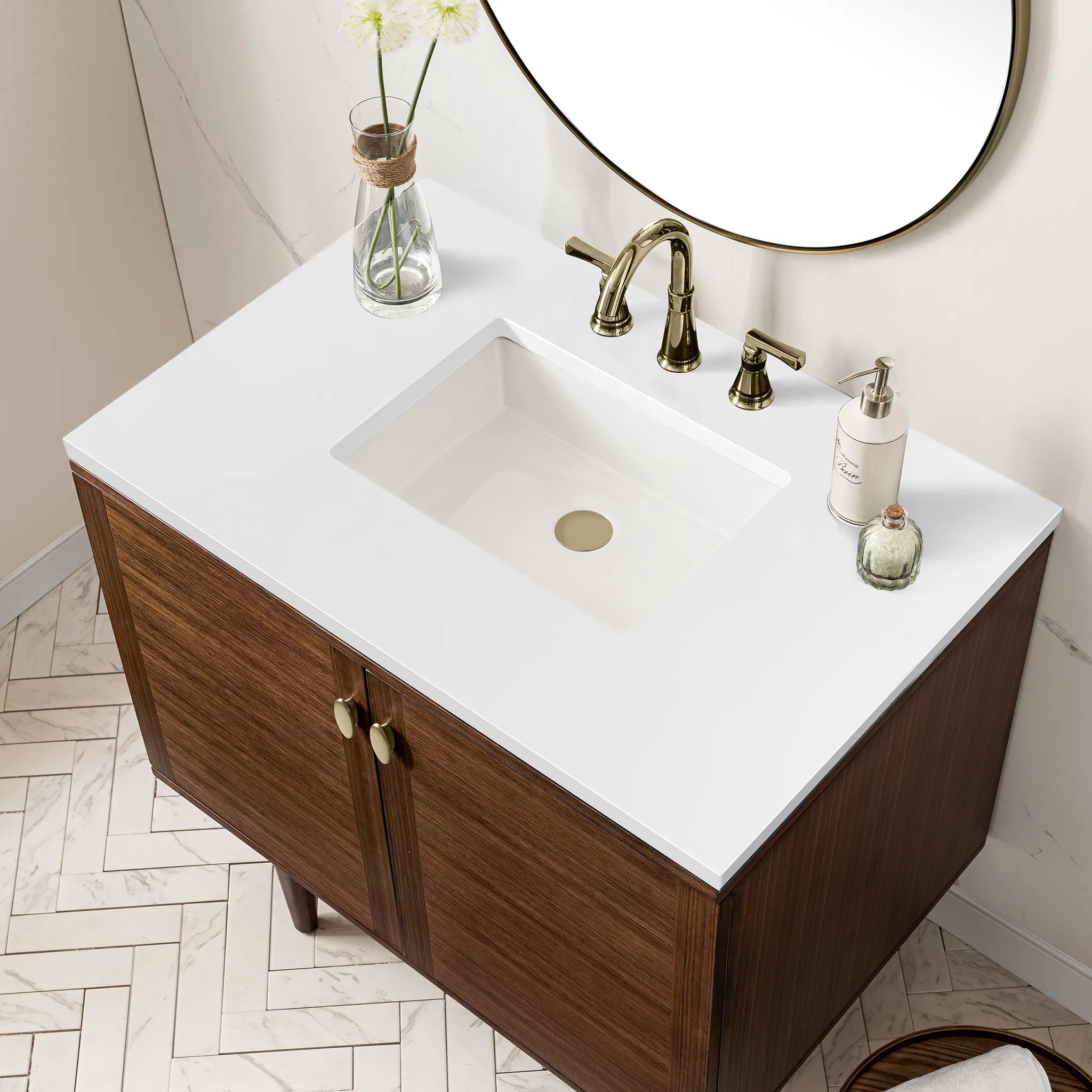 36" Amberly Single Vanity in Mid-Century Walnut-White Zeus Silestone-8" Widespread image 13