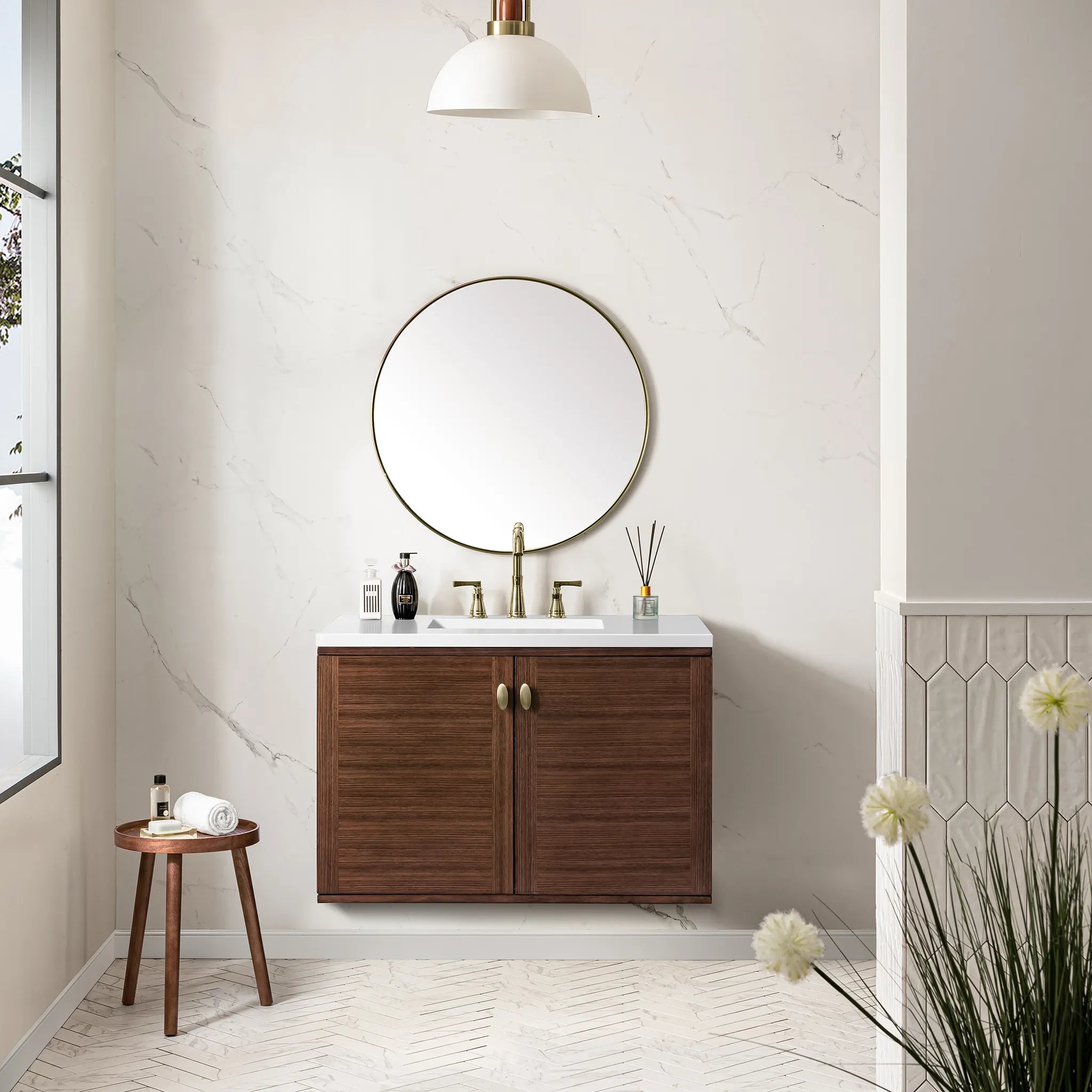 36" Amberly Single Vanity in Mid-Century Walnut-White Zeus Silestone-8" Widespread image 4