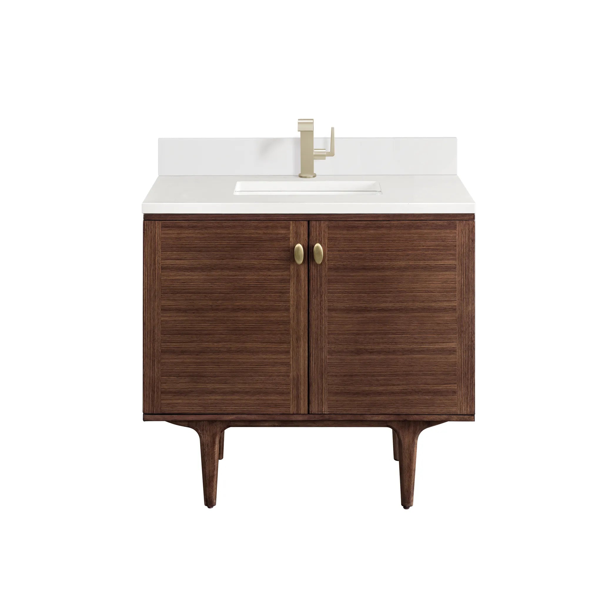 36" Amberly Single Vanity in Mid-Century Walnut-White Zeus Silestone & Backsplash-Single Hole image 1