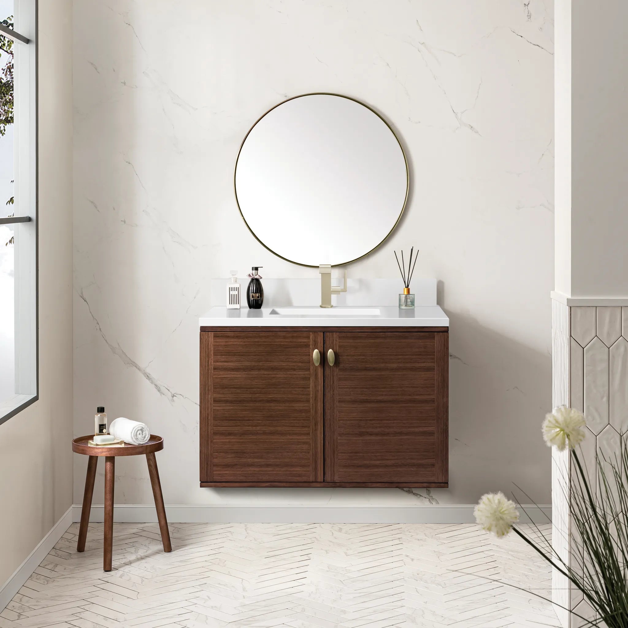 36" Amberly Single Vanity in Mid-Century Walnut-White Zeus Silestone & Backsplash-Single Hole image 2