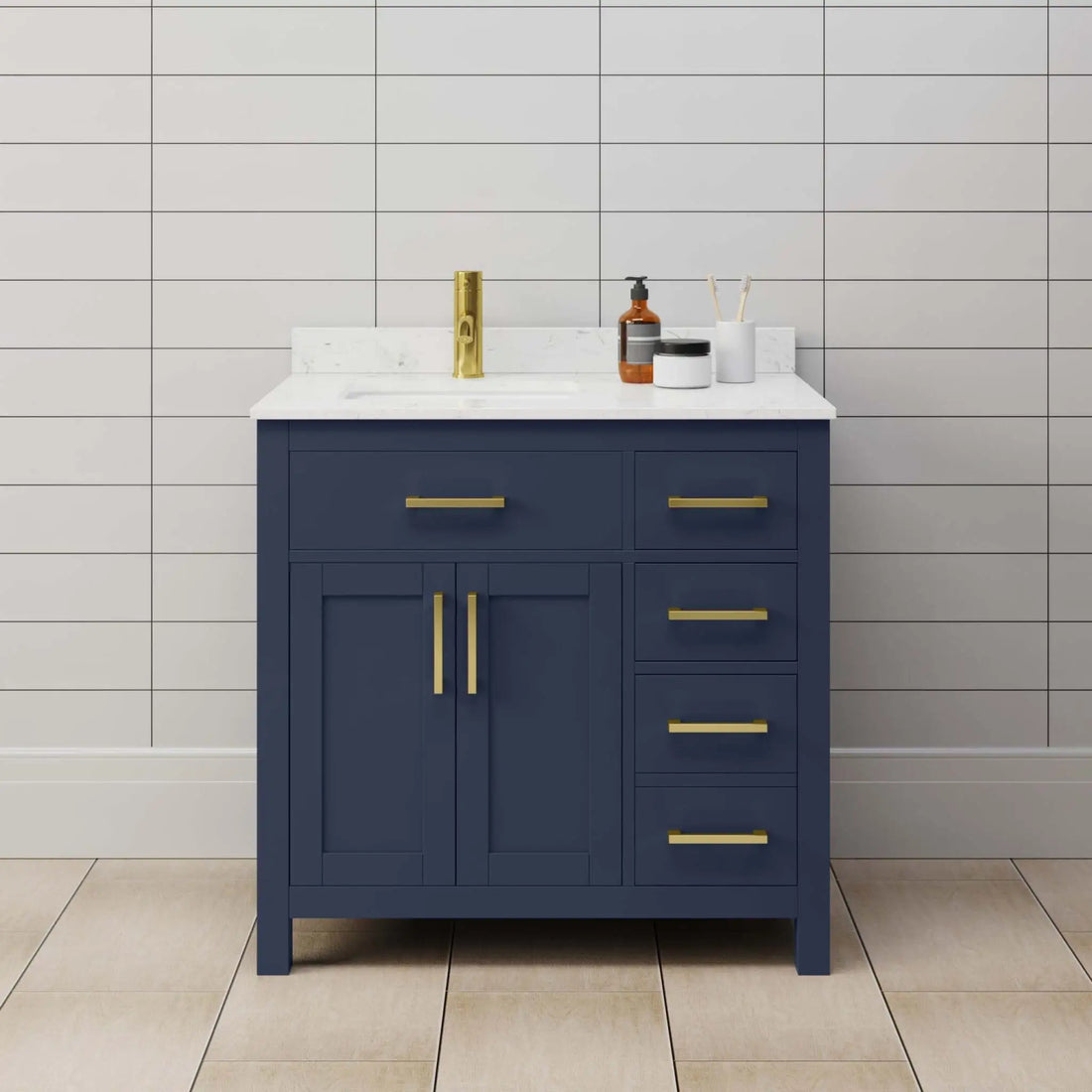 36" Beckett Single Bathroom Vanity in Dark Blue with Brushed Gold Trim by Wyndham