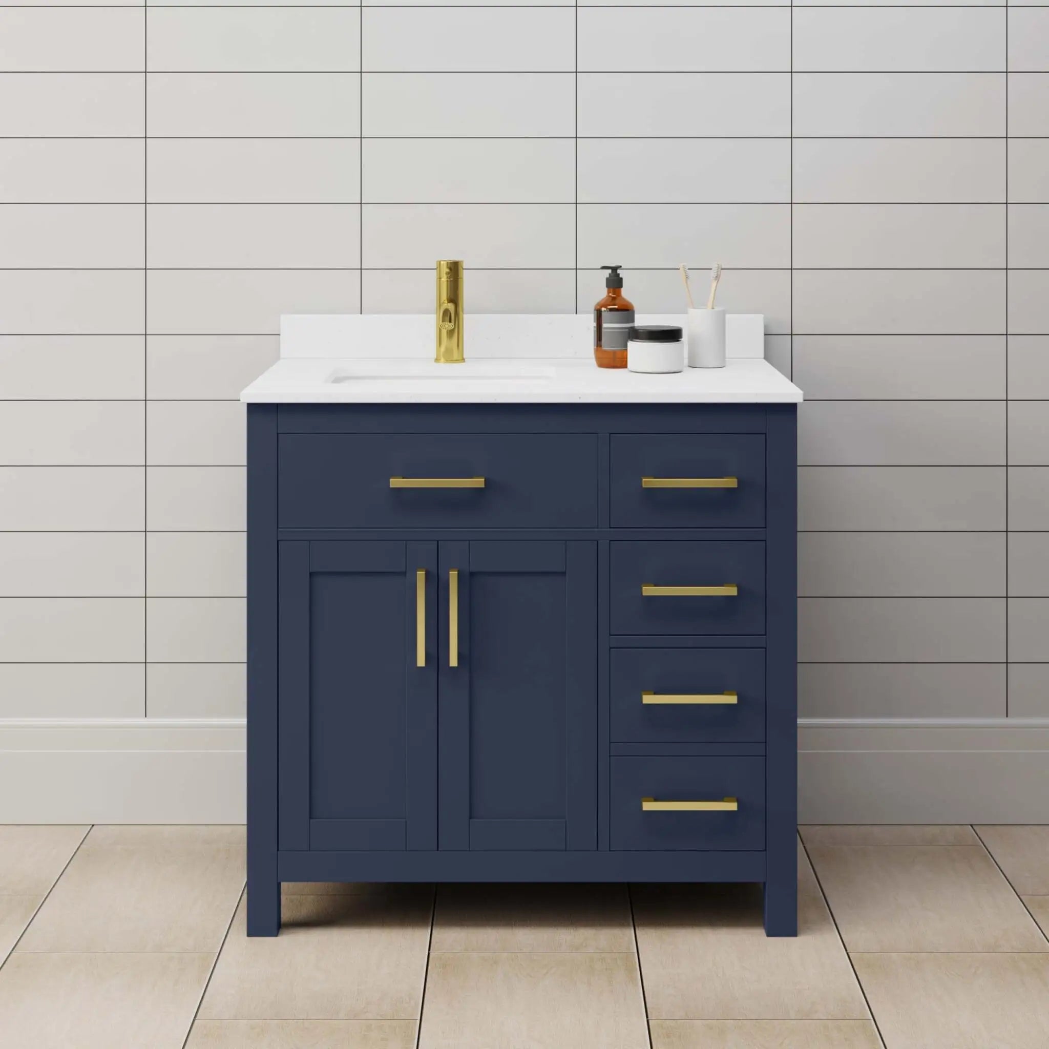 36" Beckett Single Bathroom Vanity in Dark Blue with Brushed Gold Trim by Wyndham