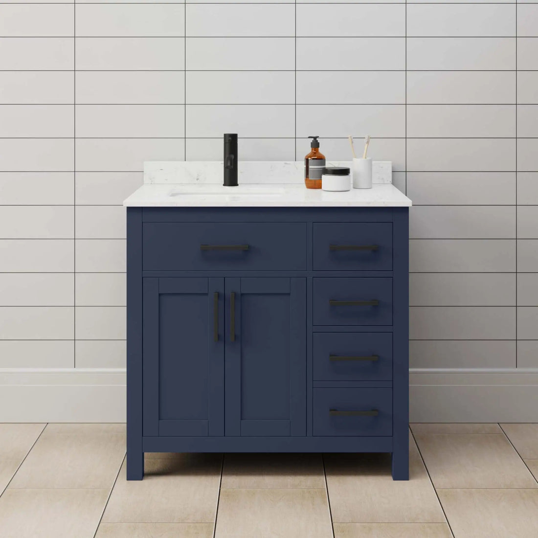 36" Beckett Single Bathroom Vanity in Dark Blue with Matte Black Trim by Wyndham