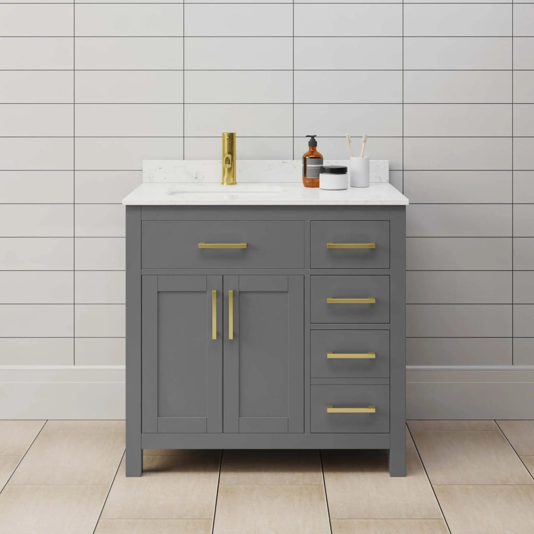 36" Beckett Single Bathroom Vanity in Dark Gray with Brushed Gold Trim by Wyndham