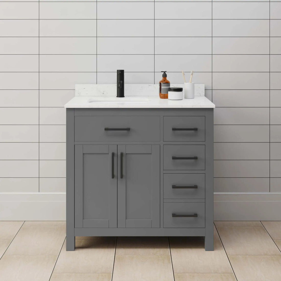 36" Beckett Single Bathroom Vanity in Dark Gray with Matte Black Trim by Wyndham