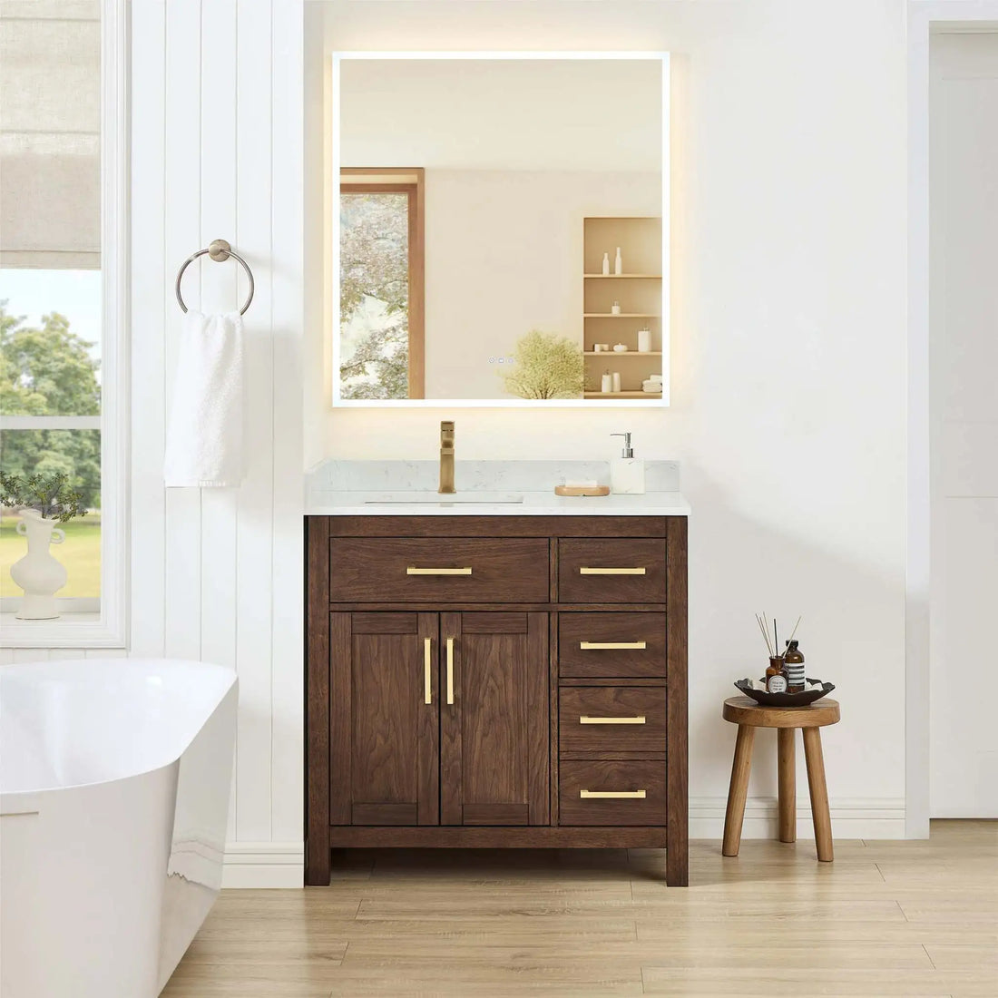 36" Beckett Single Bathroom Vanity in Dark Walnut with Brushed Gold Trim by Wyndham