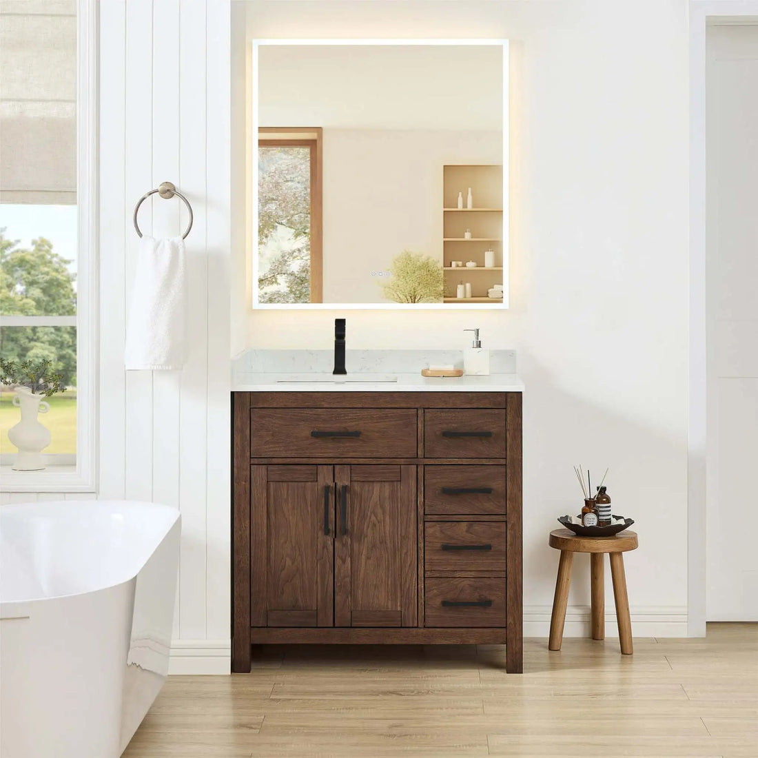 36" Beckett Single Bathroom Vanity in Dark Walnut with Matte Black Trim by Wyndham