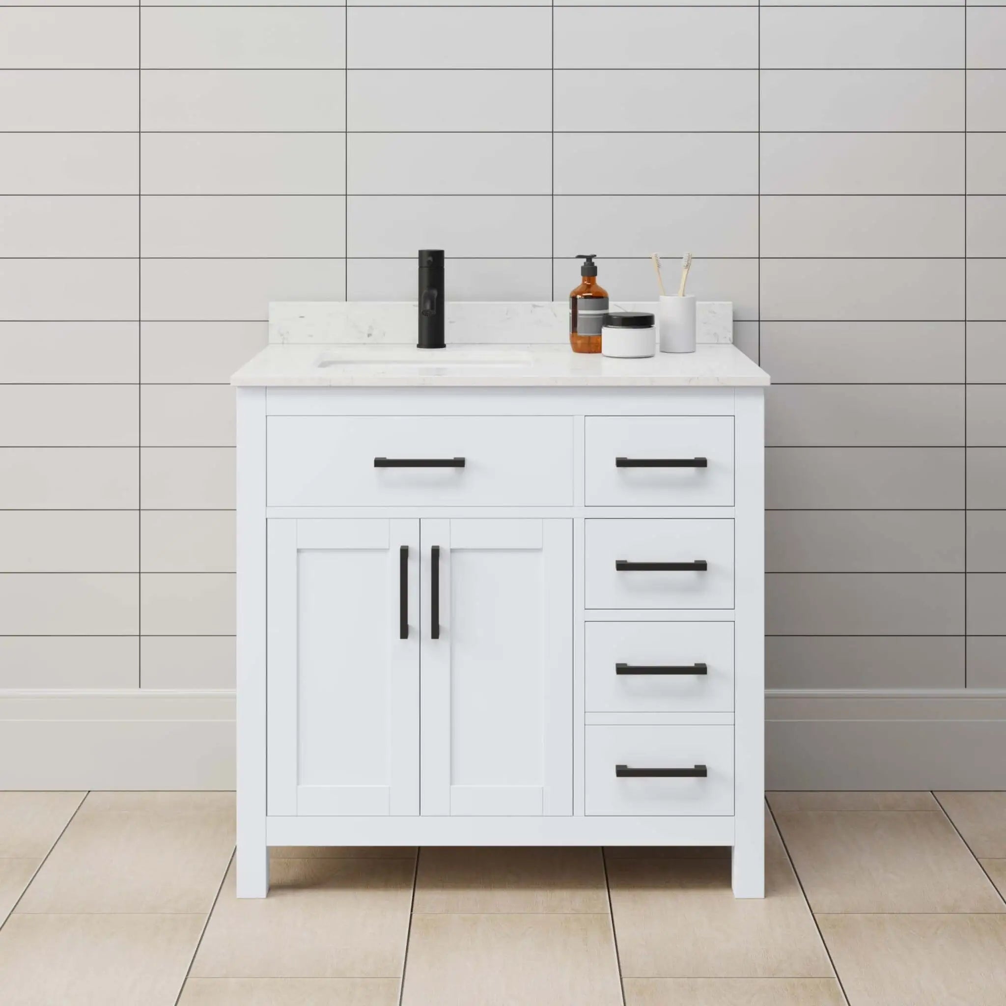 36" Beckett Single Bathroom Vanity in White with Matte Black Trim by Wyndham