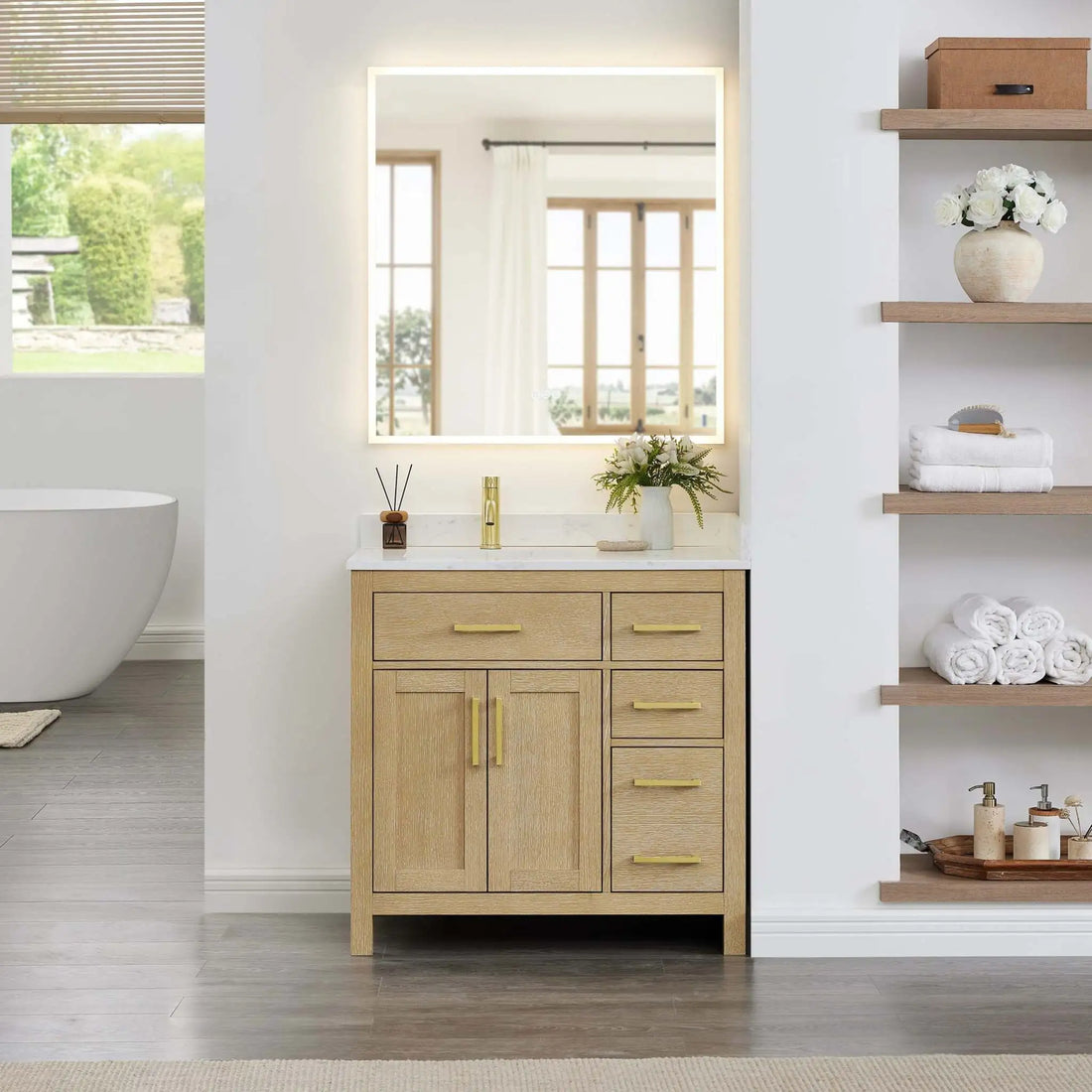 36" Beckett Single Bathroom Vanity in Whitewashed Oak with Brushed Gold Trim by Wyndham