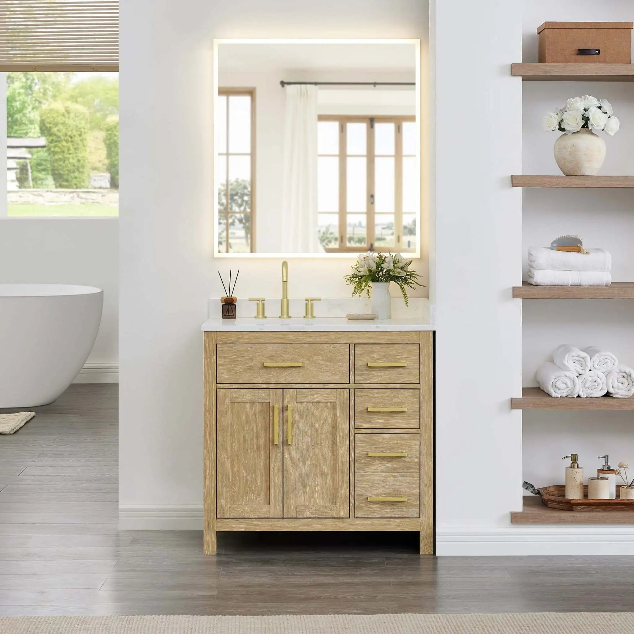 36" Beckett Single Bathroom Vanity in Whitewashed Oak with Brushed Gold Trim by Wyndham