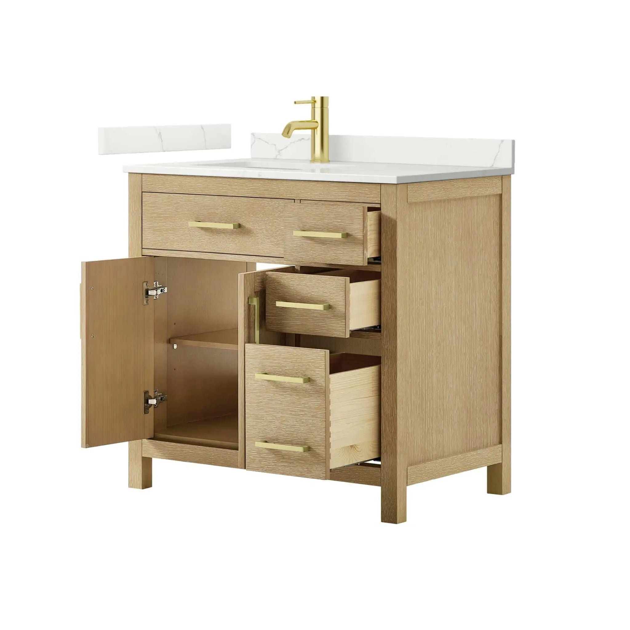 36" Beckett Single Bathroom Vanity in Whitewashed Oak with Brushed Gold Trim by Wyndham