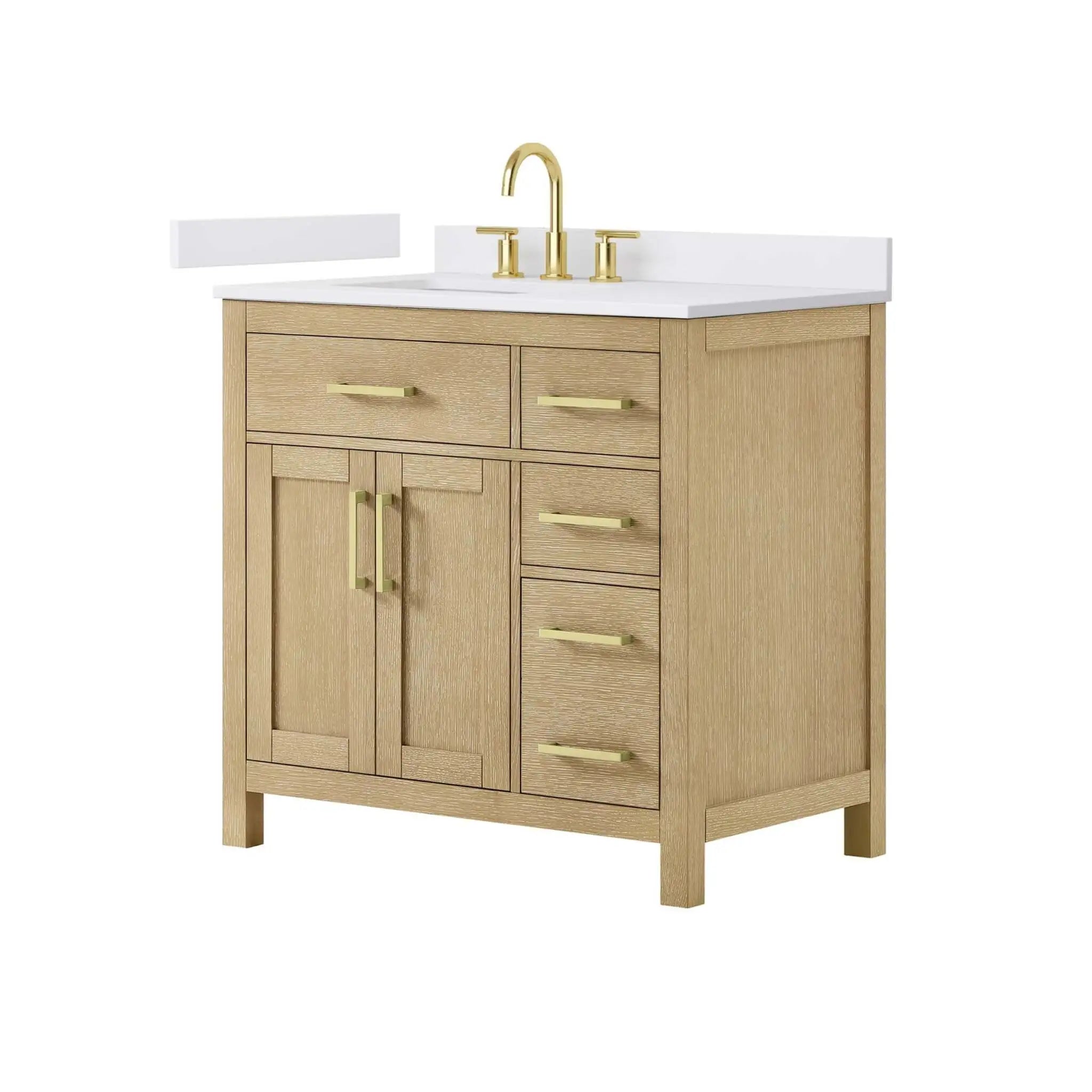 36" Beckett Single Bathroom Vanity in Whitewashed Oak with Brushed Gold Trim by Wyndham