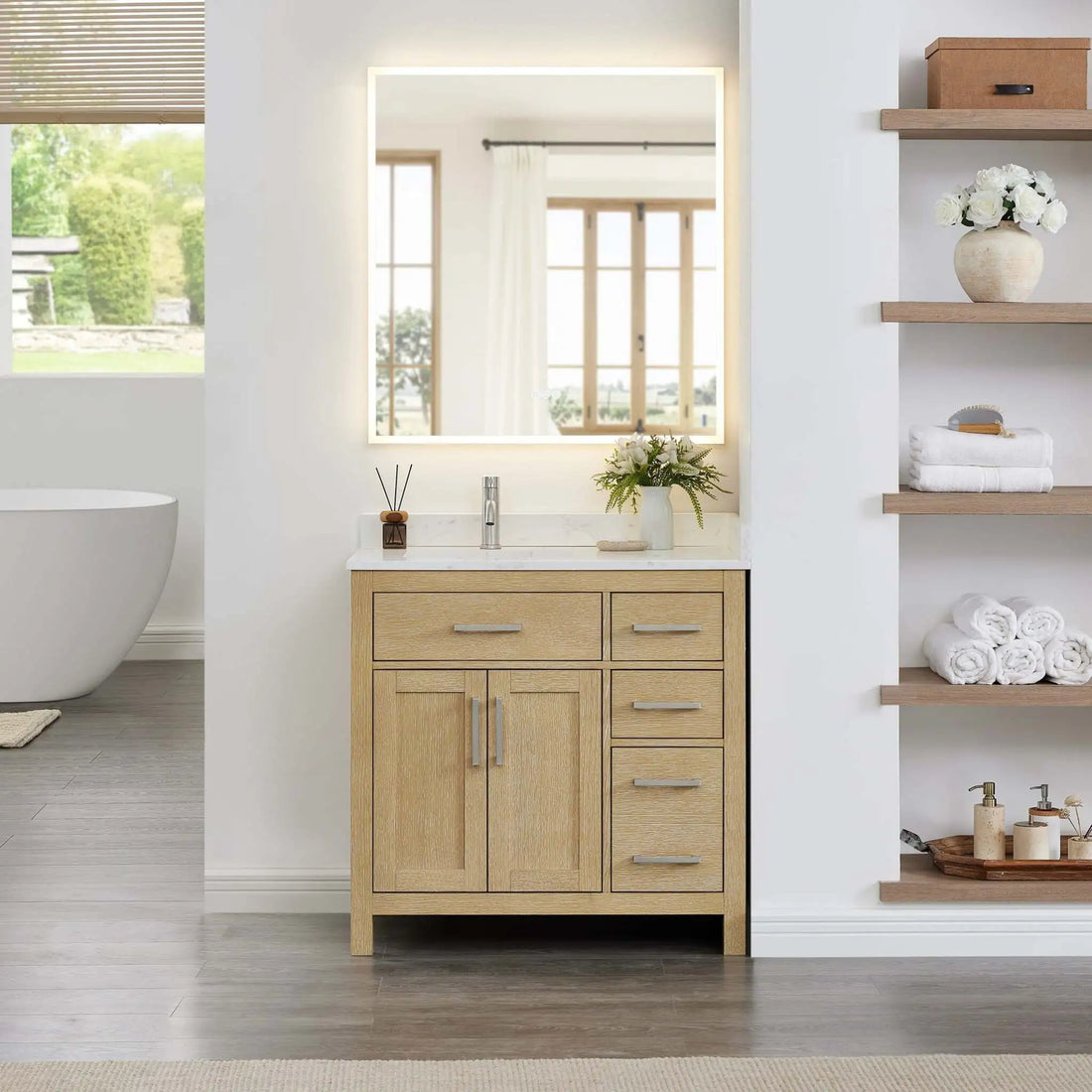36-beckett-single-bathroom-vanity-in-whitewashed-oak-with-brushed-nickel-trim-carrara-cultured-marble-1-hole image