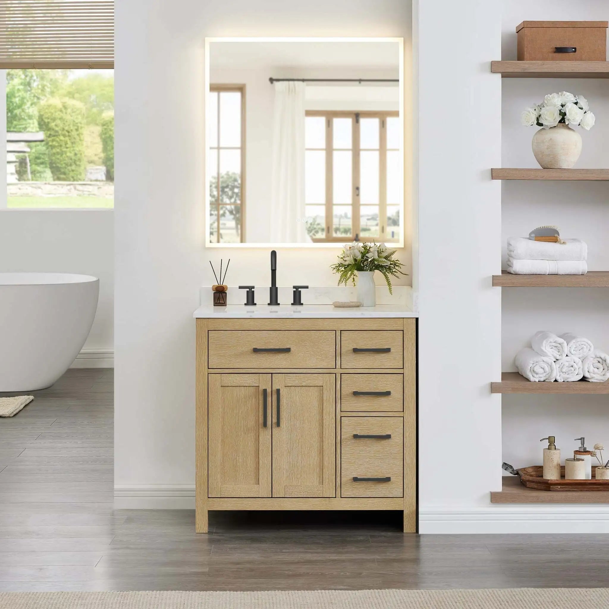 36" Beckett Single Bathroom Vanity in Whitewashed Oak with Matte Black Trim by Wyndham