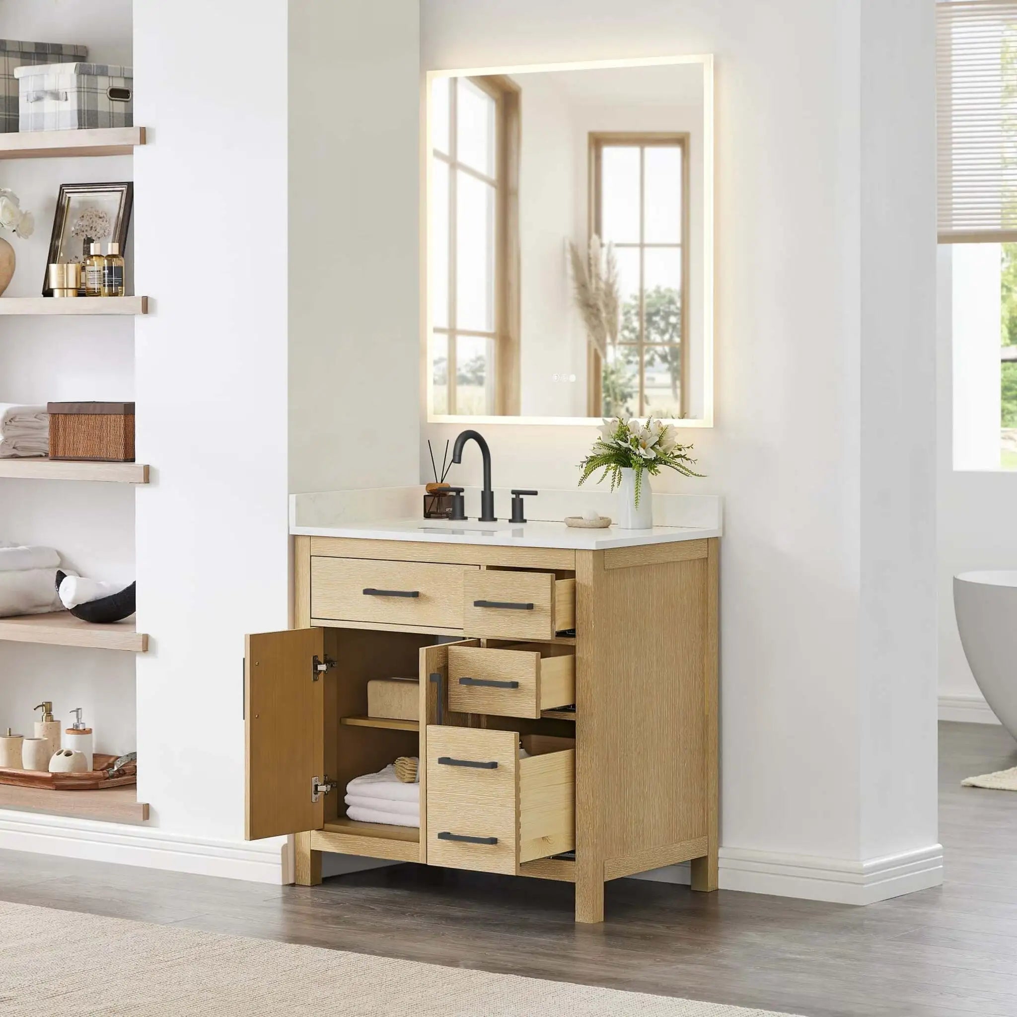 36" Beckett Single Bathroom Vanity in Whitewashed Oak with Matte Black Trim by Wyndham