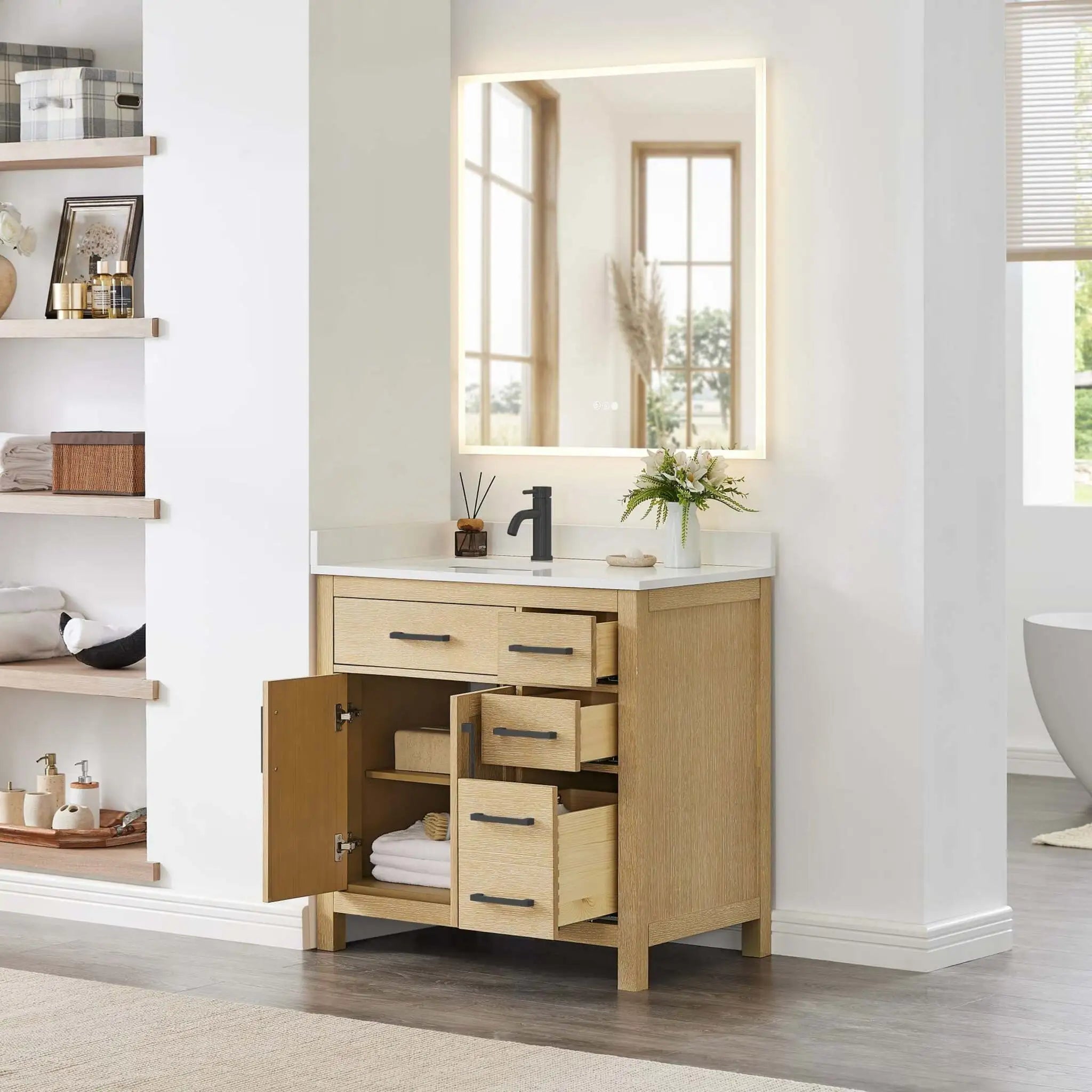 36" Beckett Single Bathroom Vanity in Whitewashed Oak with Matte Black Trim by Wyndham