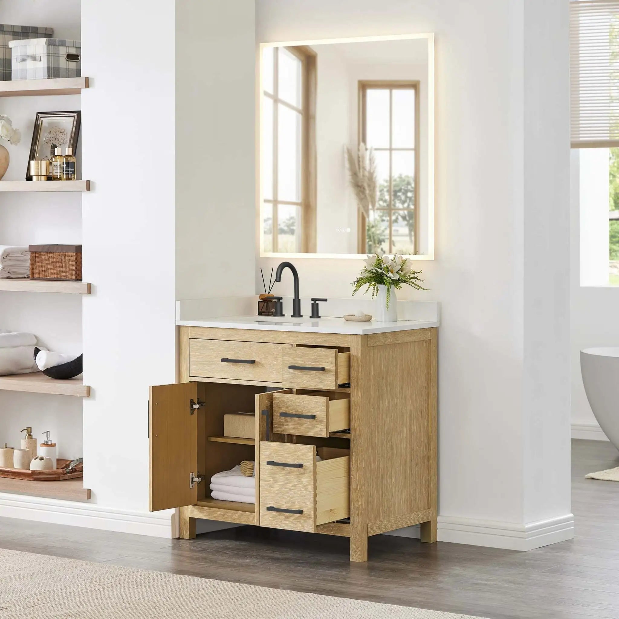 36" Beckett Single Bathroom Vanity in Whitewashed Oak with Matte Black Trim by Wyndham