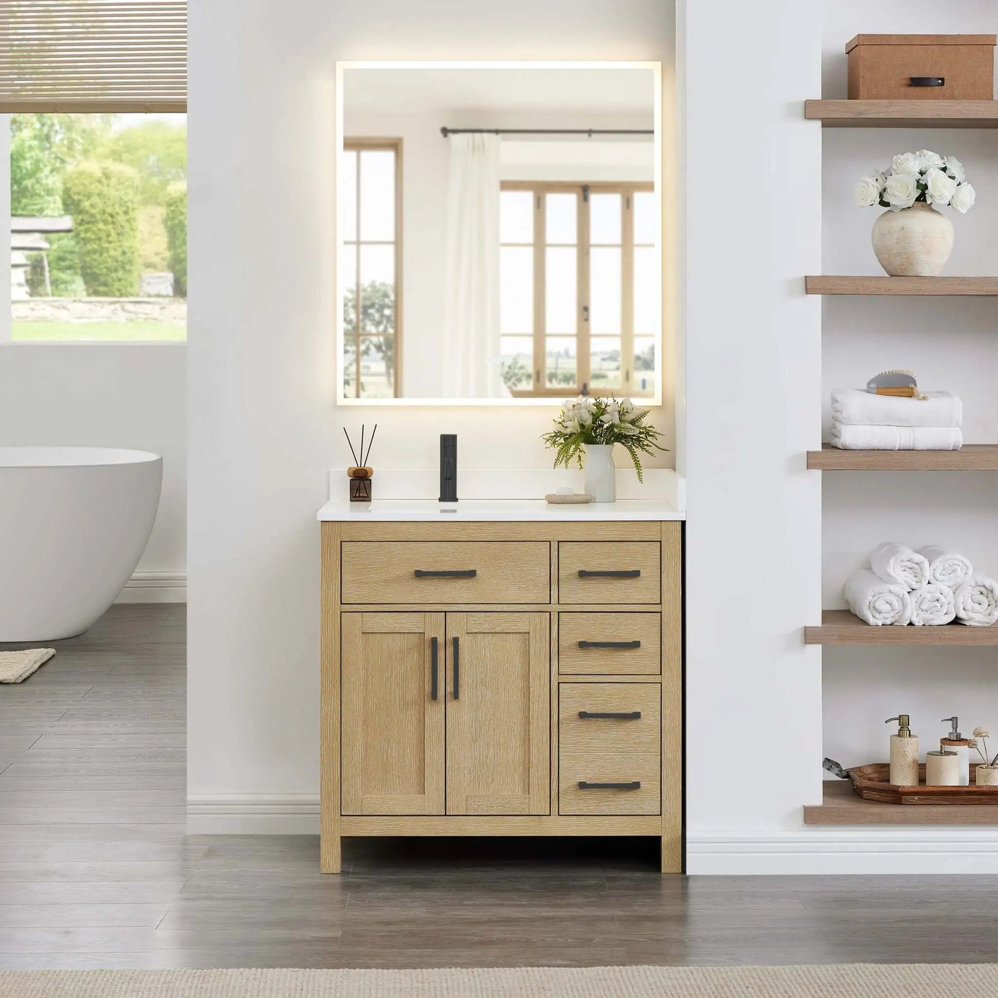 36" Beckett Single Bathroom Vanity in Whitewashed Oak with Matte Black Trim by Wyndham