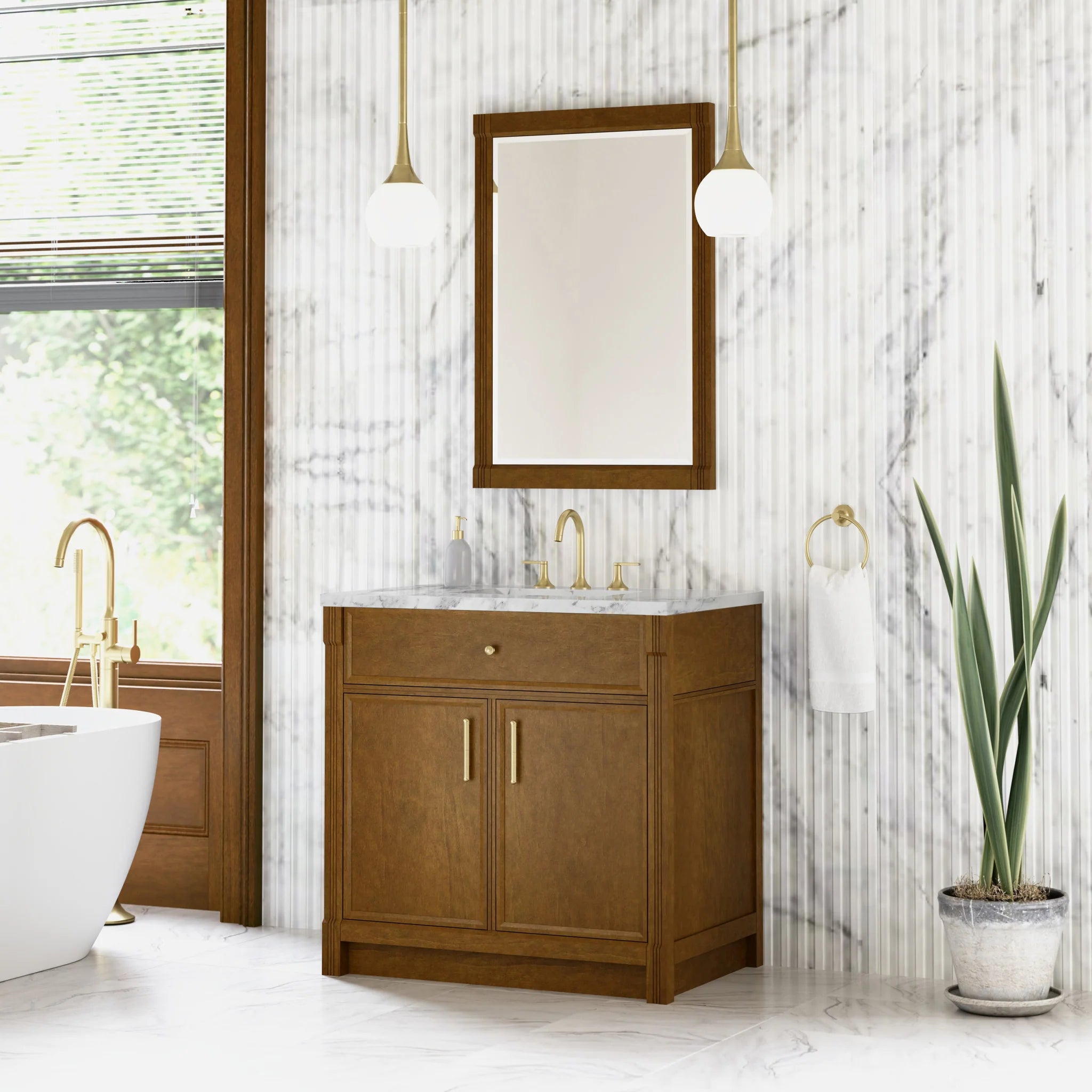 36" Bellshire Single Vanity in Honey Oak by James Martin Vanities-Carrara White Marble 2
