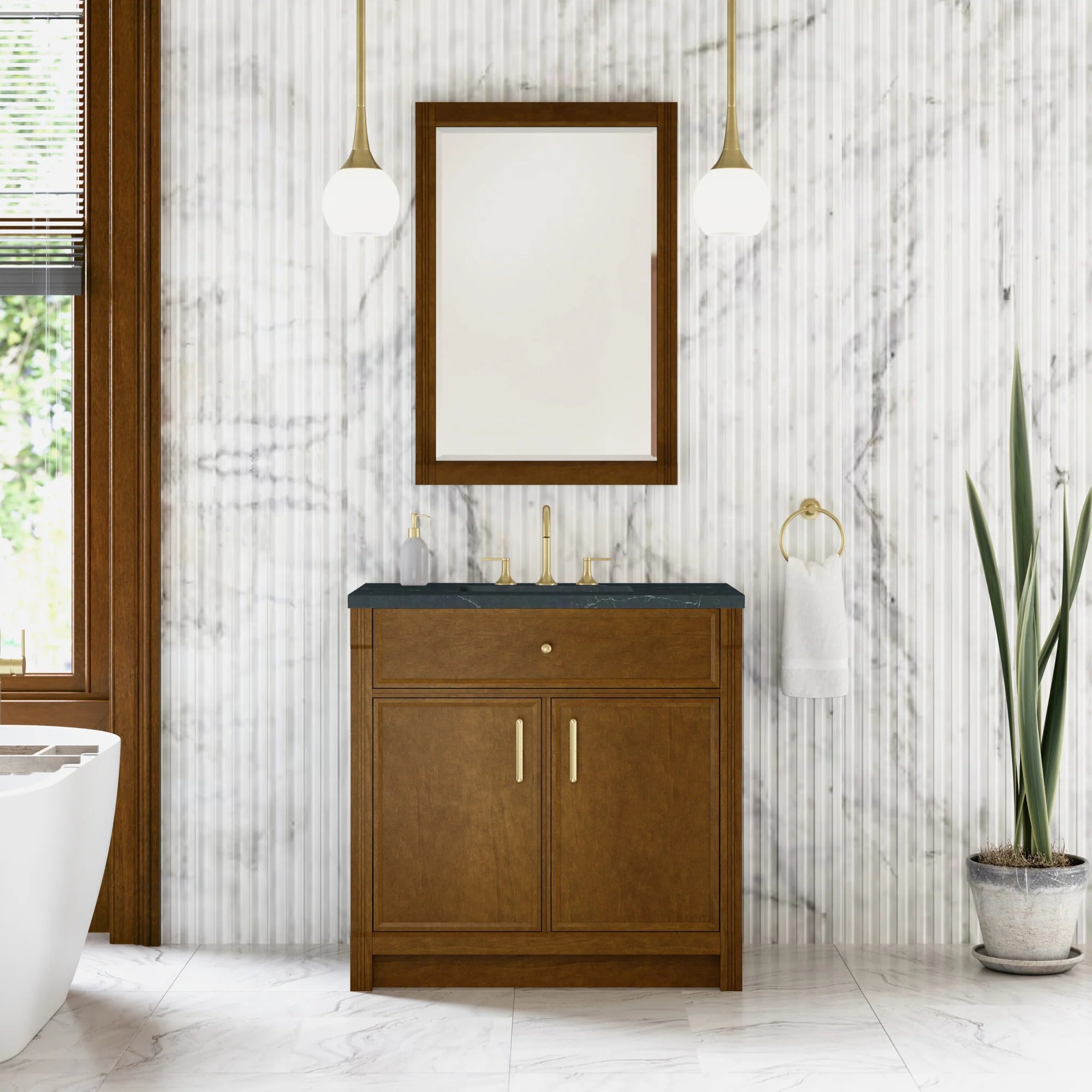 36" Bellshire Single Vanity in Honey Oak by James Martin Vanities-Charcoal Soapstone Silestone 1