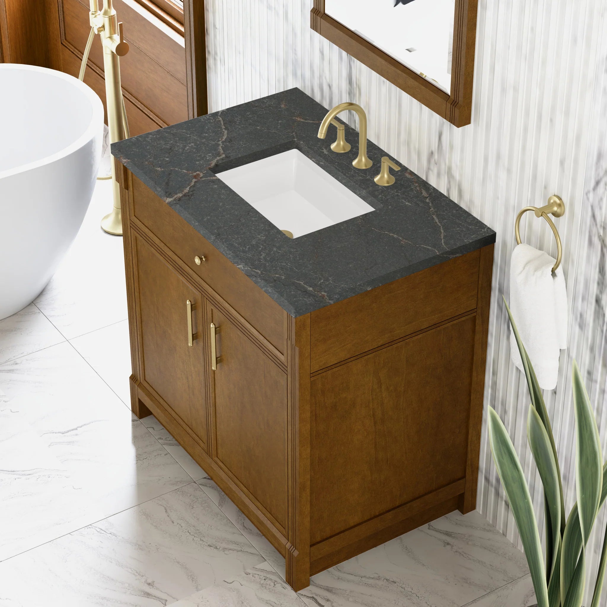 36" Bellshire Single Vanity in Honey Oak by James Martin Vanities-Parisien Bleu Silestone 5