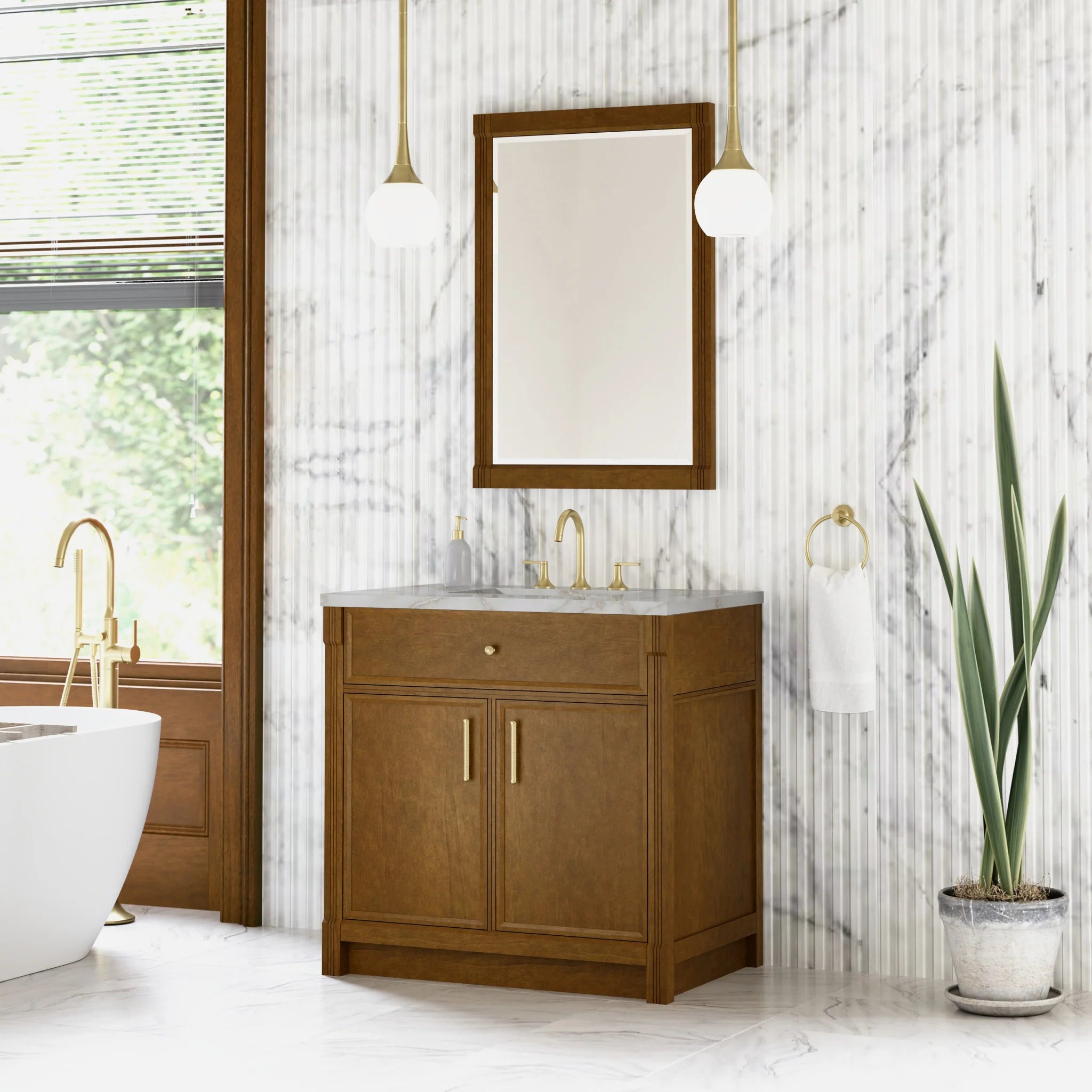 36" Bellshire Single Vanity in Honey Oak by James Martin Vanities-Victorian Silver Silestone 2