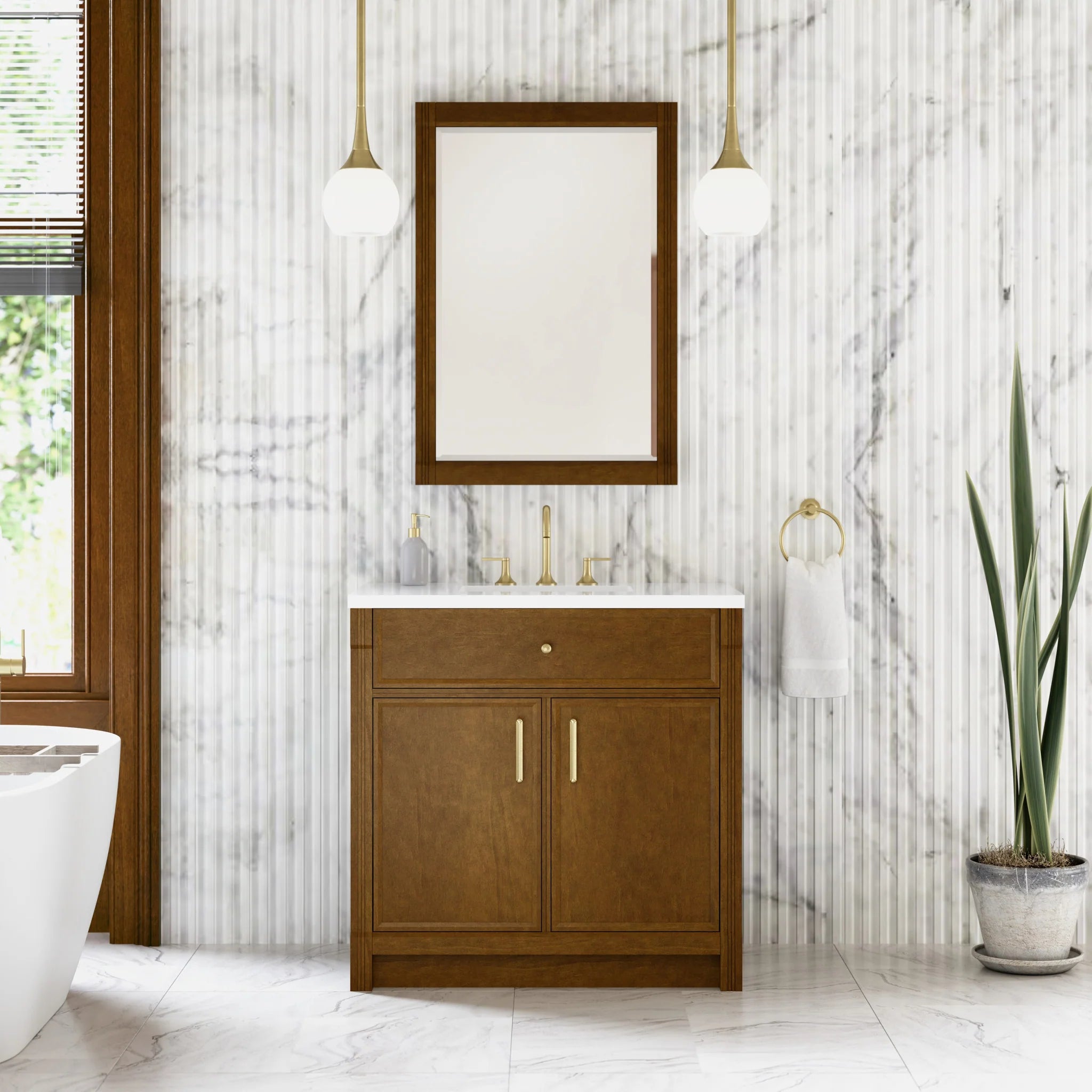 36" Bellshire Single Vanity in Honey Oak by James Martin Vanities-White Zeus Silestone 1