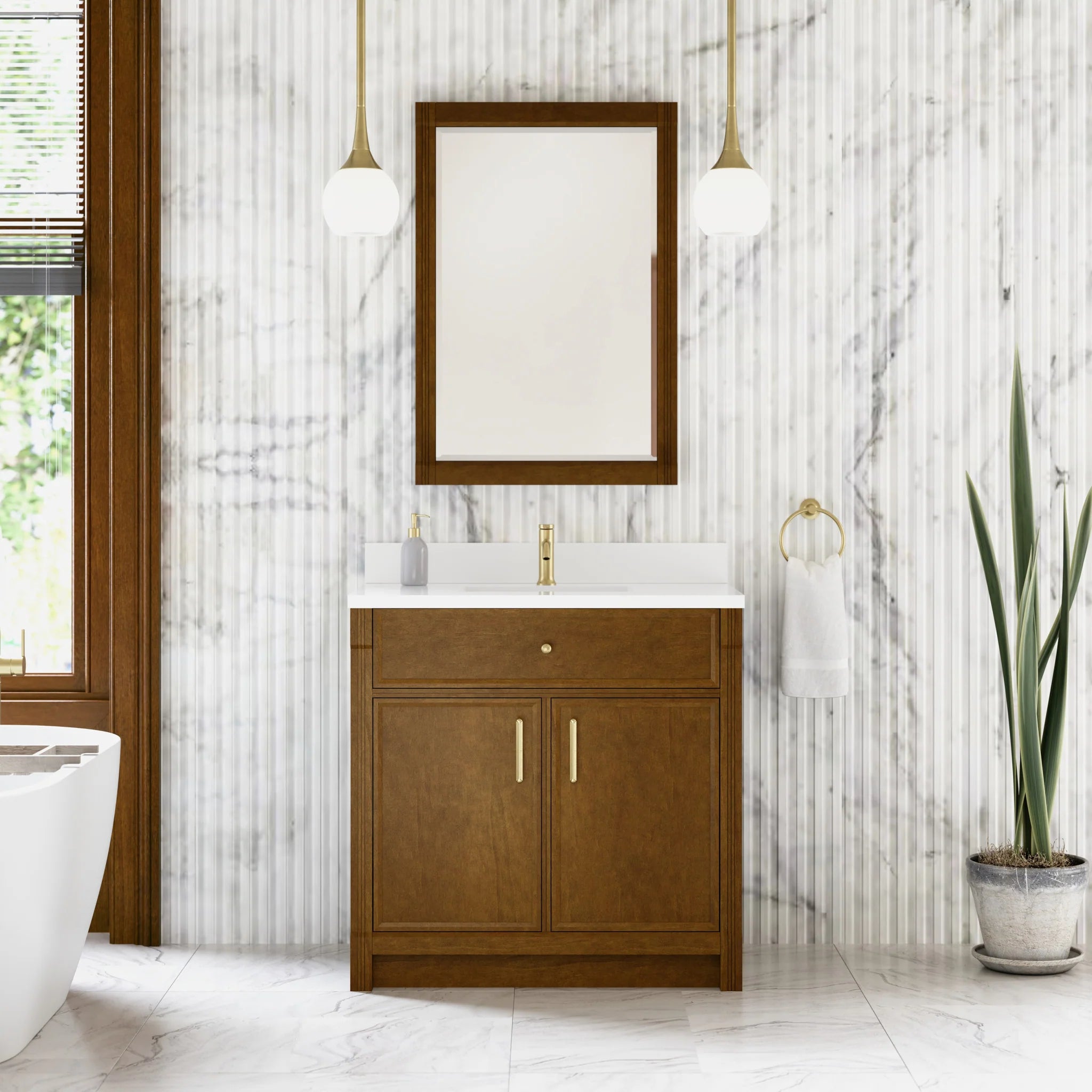 36" Bellshire Single Vanity in Honey Oak by James Martin Vanities-White Zeus Silestone & Backsplash 2