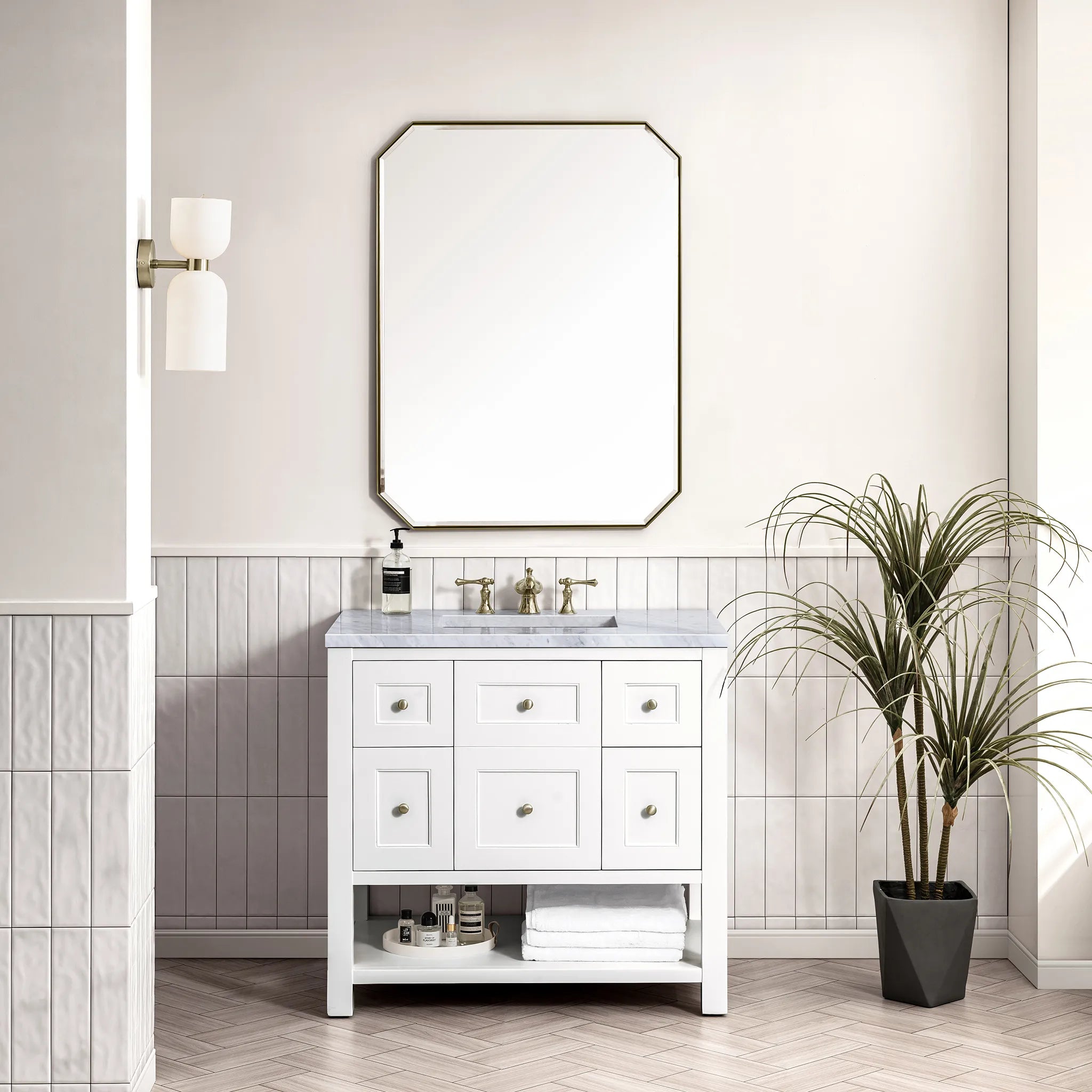 36" Breckenridge Single Vanity in Bright White-Carrara White Marble-8" Widespread image 1