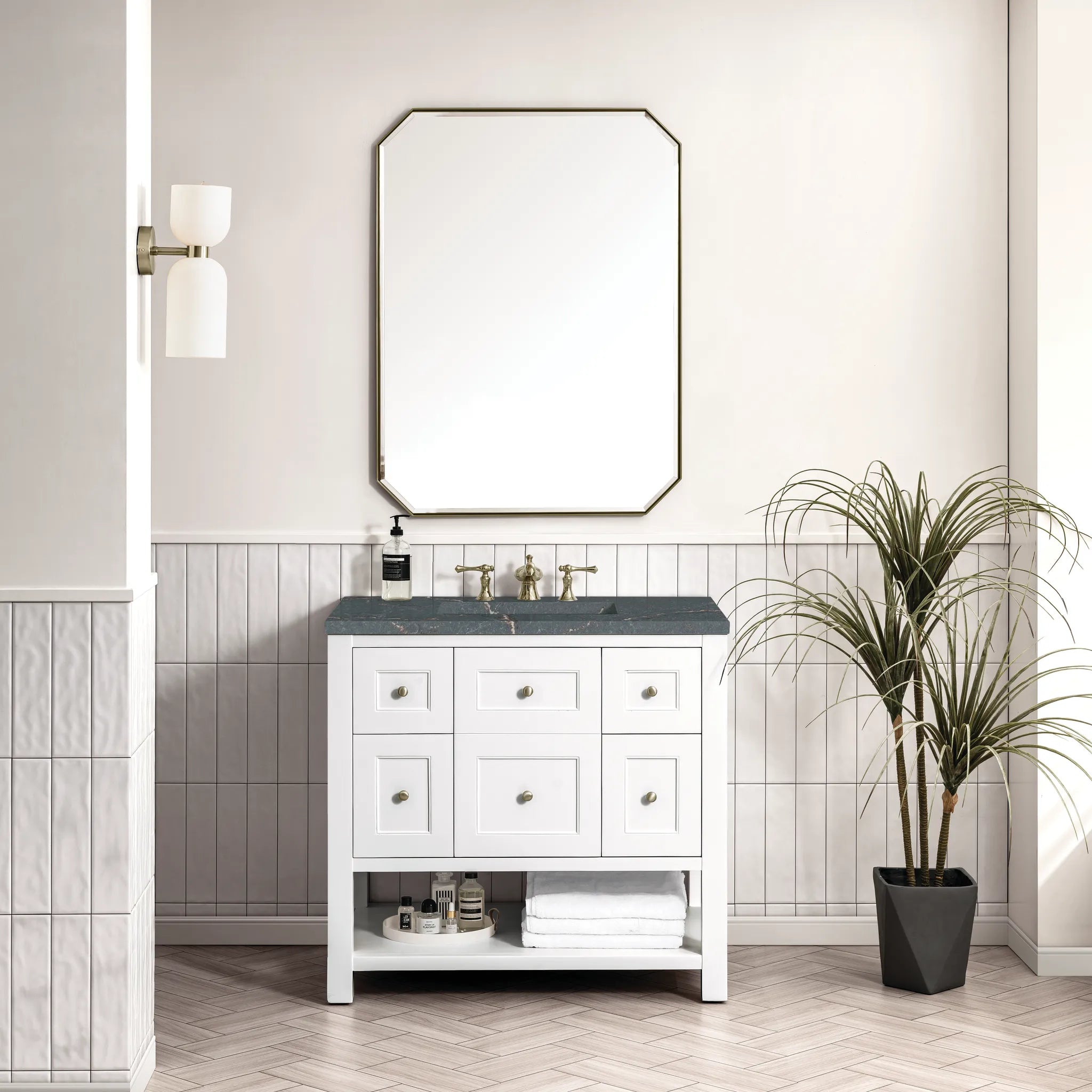 36" Breckenridge Single Vanity in Bright White-Parisien Bleu Silestone-8" Widespread image 1