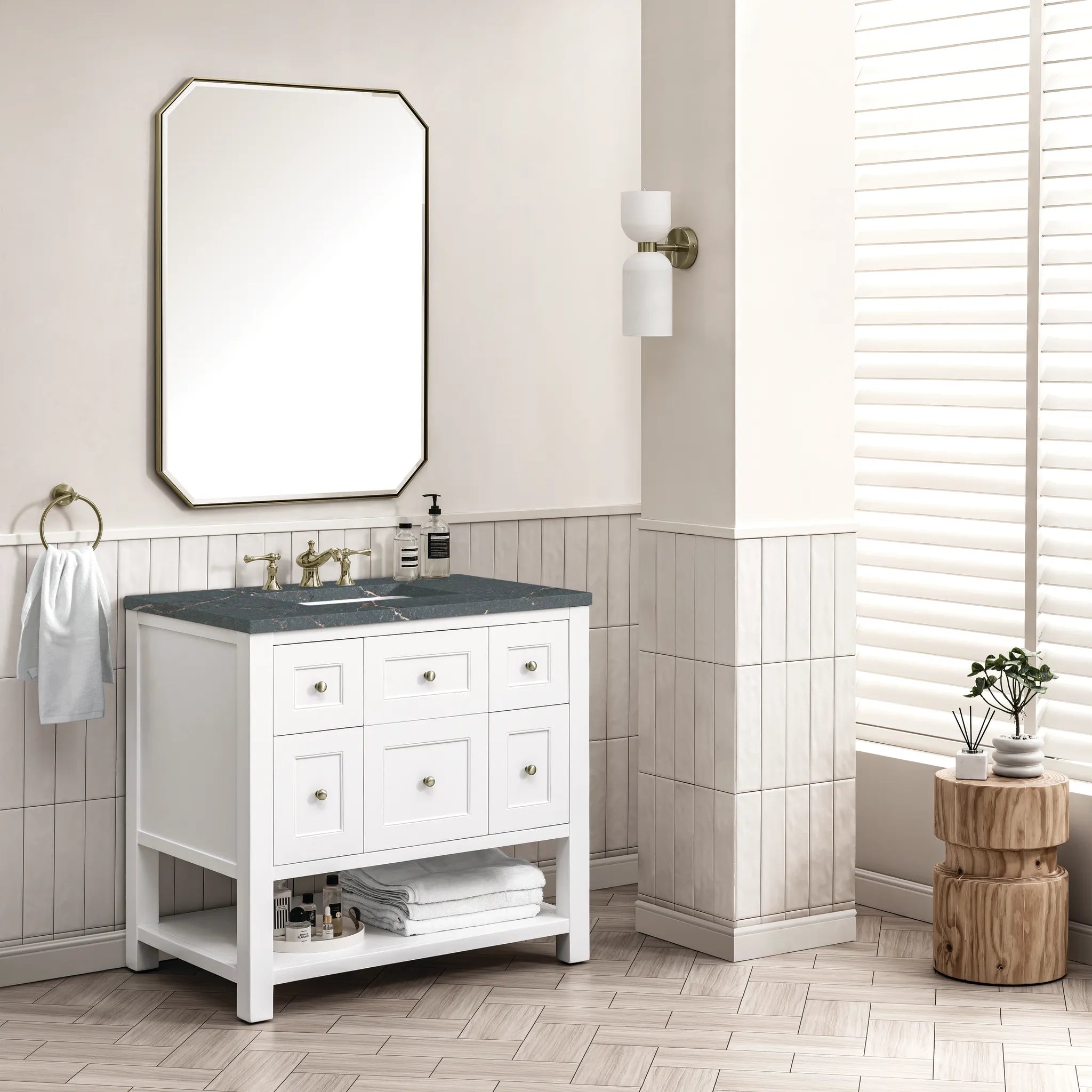 36" Breckenridge Single Vanity in Bright White-Parisien Bleu Silestone-8" Widespread image 2