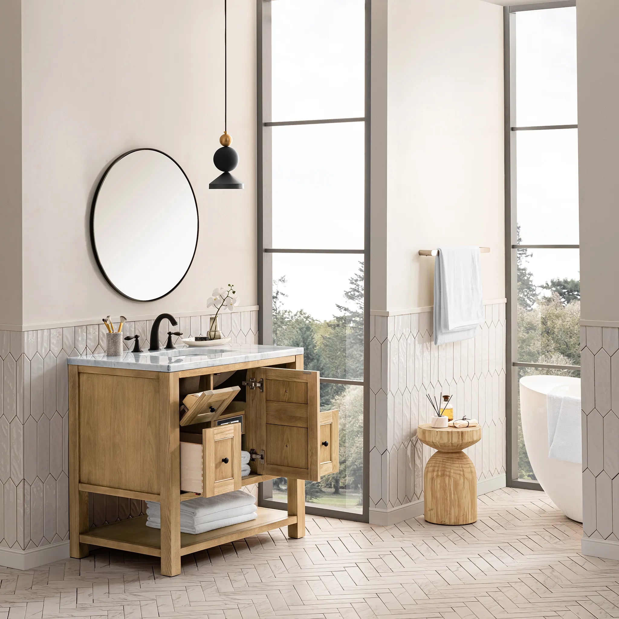 36" Breckenridge Single Vanity in Light Natural Oak-Carrara White Marble-8" Widespread image 2