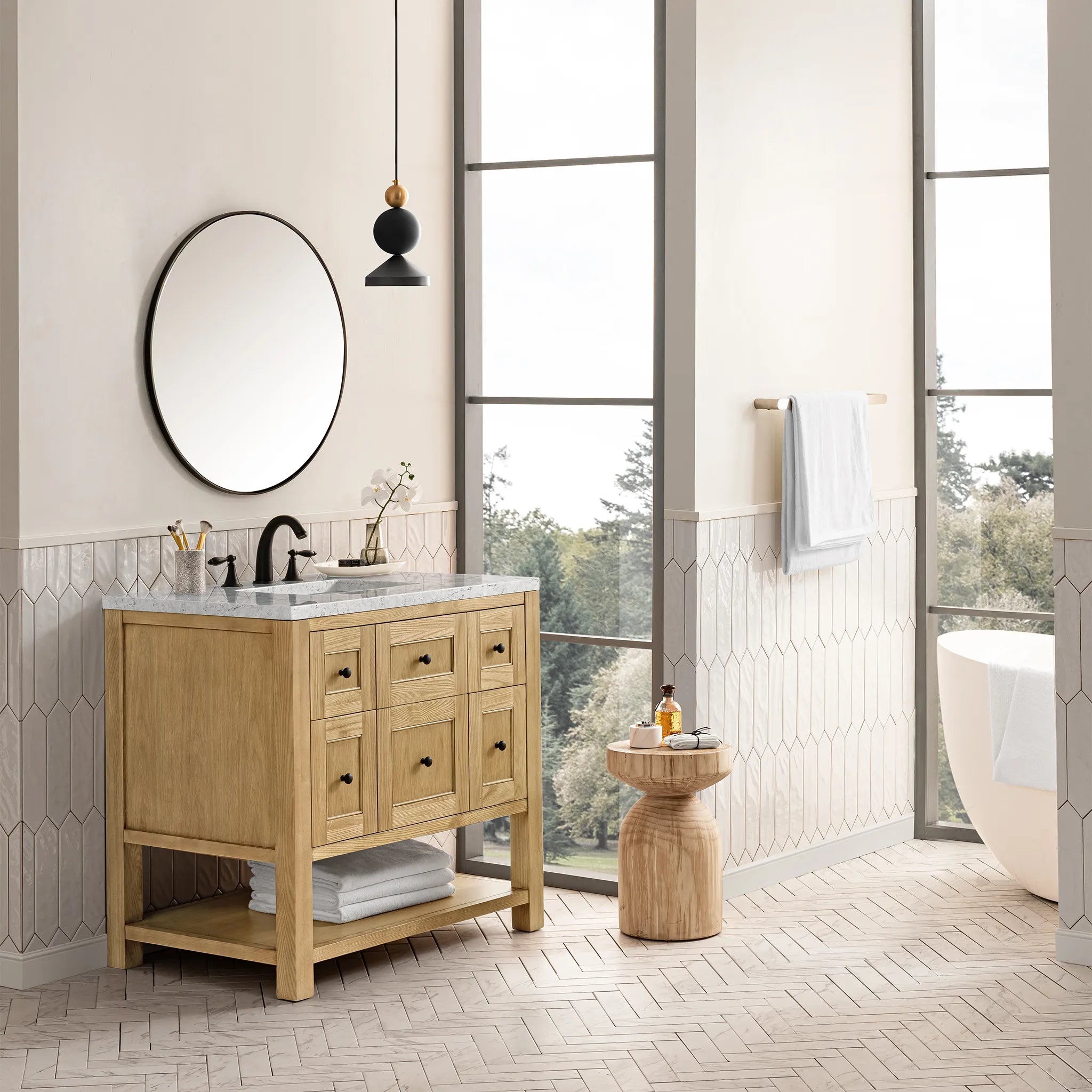 36" Breckenridge Single Vanity in Light Natural Oak-Eternal Jasmine Pearl Silestone-8" Widespread image 2