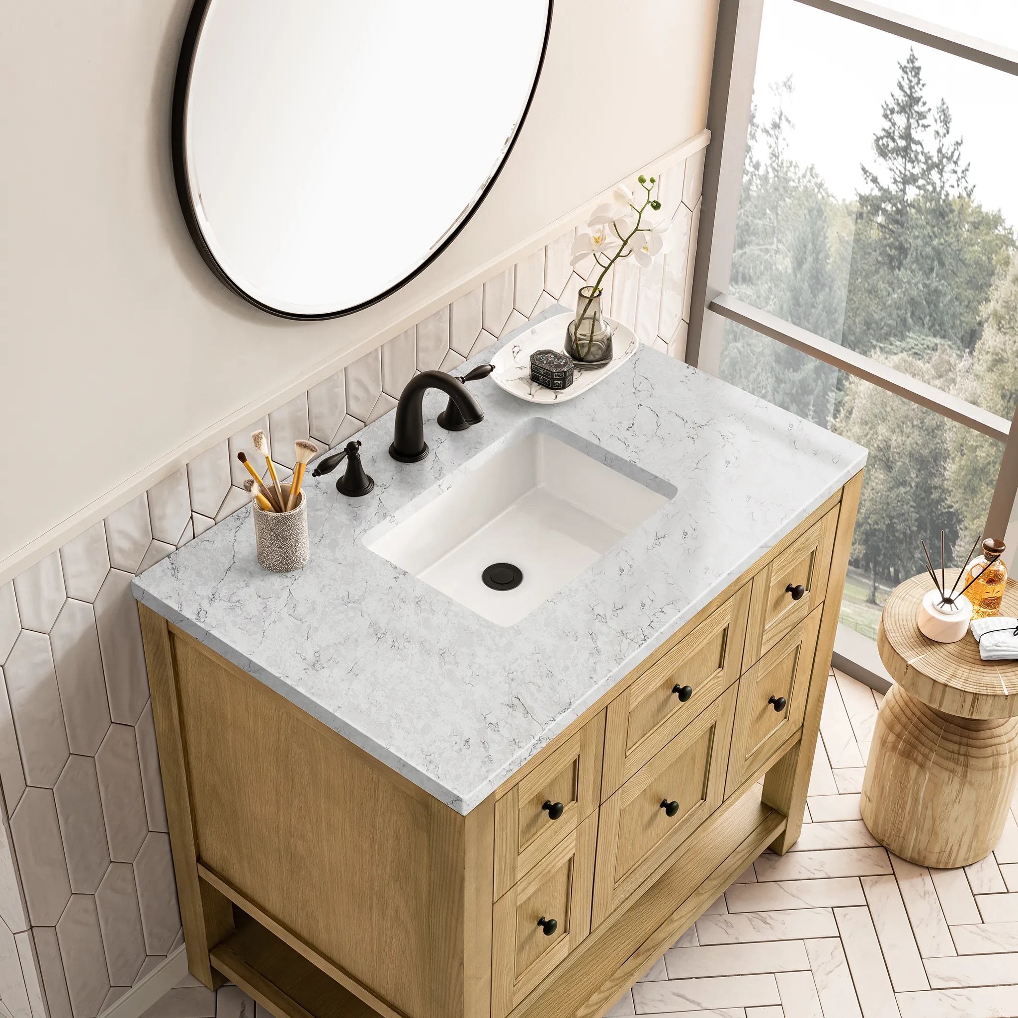 36" Breckenridge Single Vanity in Light Natural Oak-Eternal Jasmine Pearl Silestone-8" Widespread image 4