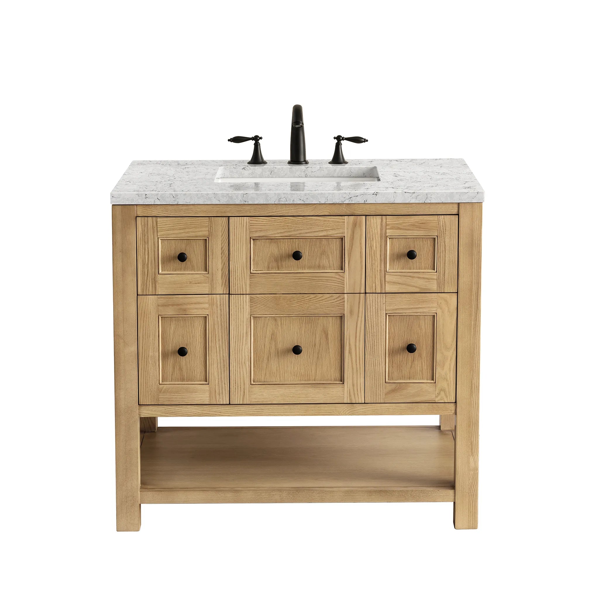 36" Breckenridge Single Vanity in Light Natural Oak-Eternal Jasmine Pearl Silestone-8" Widespread image