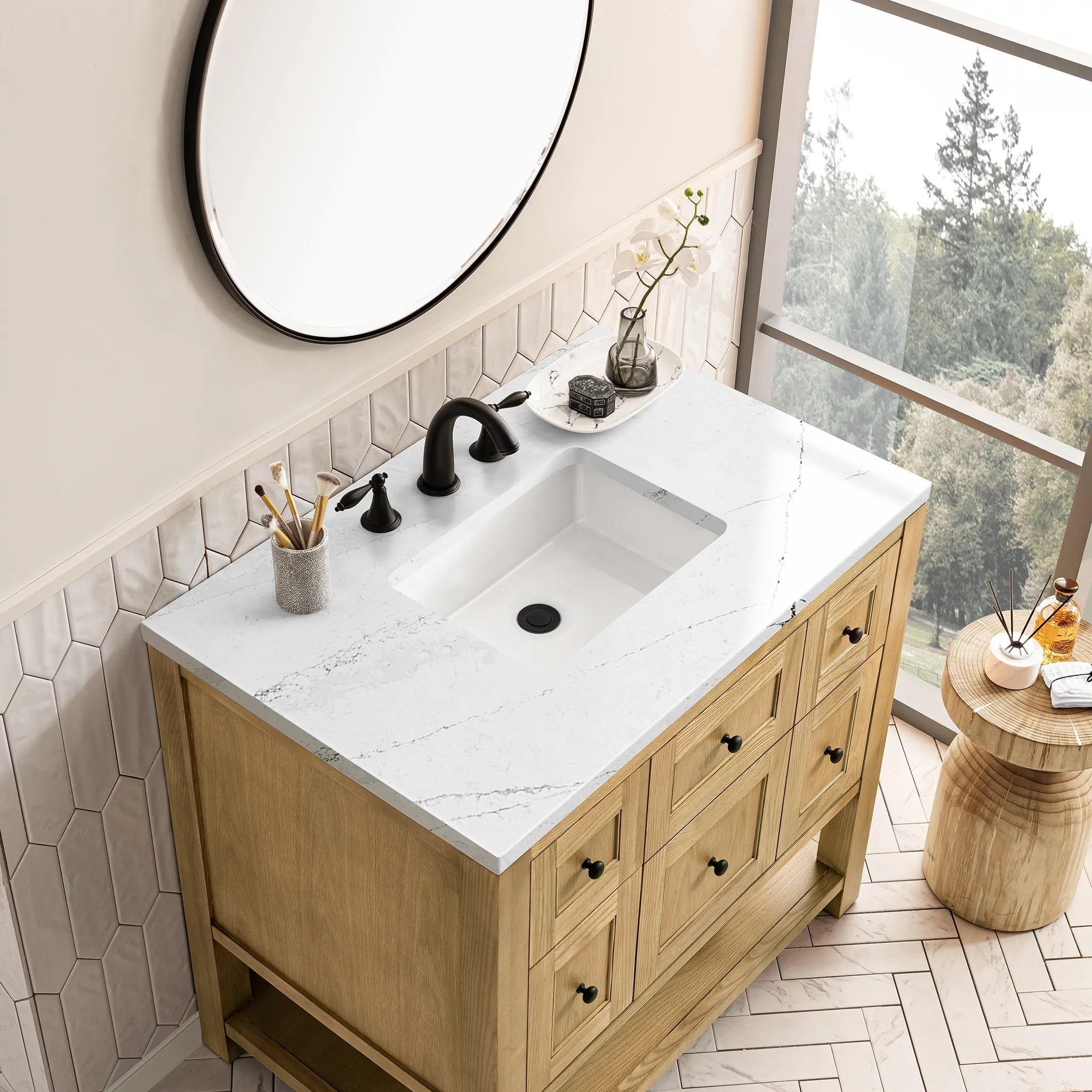 36" Breckenridge Single Vanity in Light Natural Oak-Ethereal Noctis Silestone-8" Widespread image 4