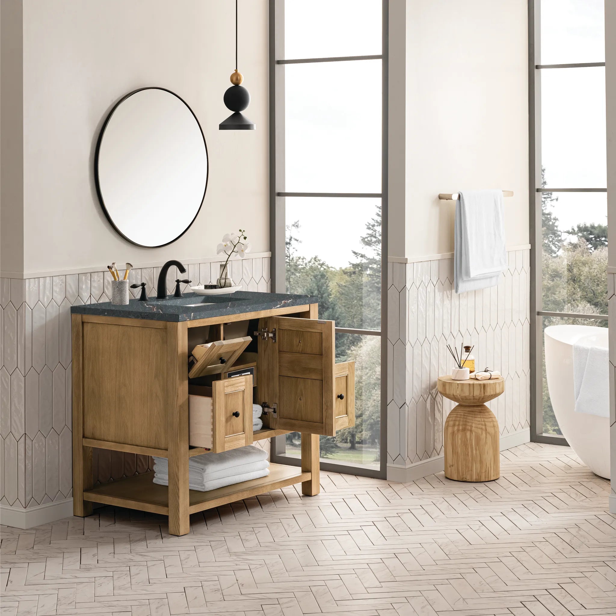 36" Breckenridge Single Vanity in Light Natural Oak-Parisien Bleu Silestone-8" Widespread image 3