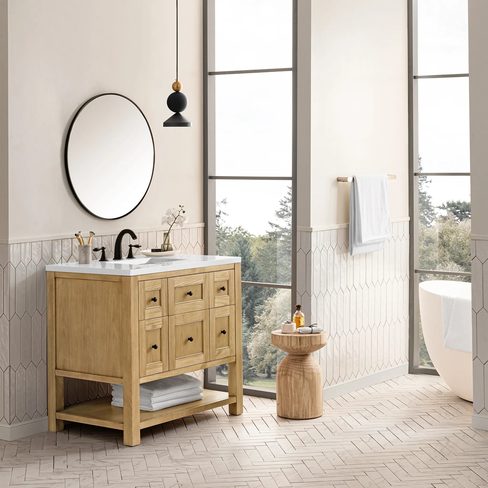36" Breckenridge Single Vanity in Light Natural Oak-White Zeus Silestone-8" Widespread image 2